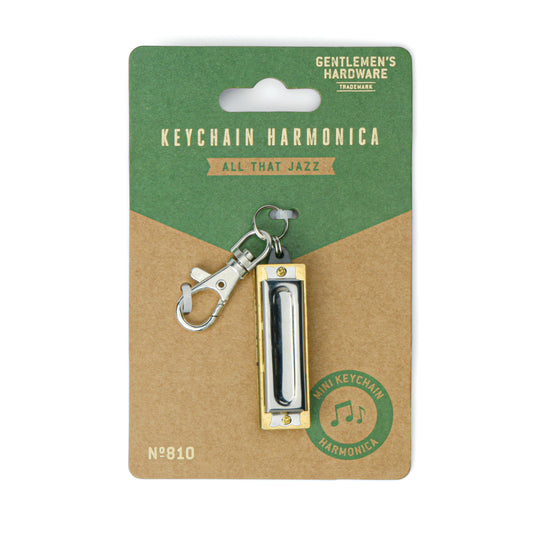 The Mini Harmonica from Gentlemen’s Hardware comes on a card with “All That Jazz” and “Mini Keychain Harmonica” on the packaging—perfect for music lovers on the go.