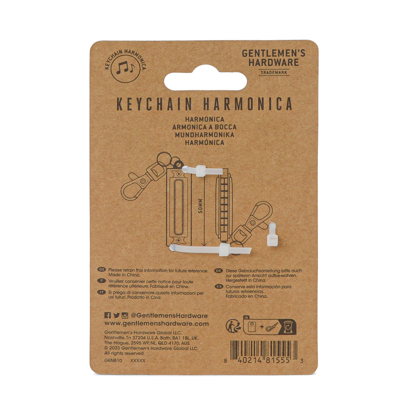 Brown retail packaging for the Mini Harmonica, featuring a mini harmonica illustration, Gentlemen’s Hardware branding, and multilingual text.