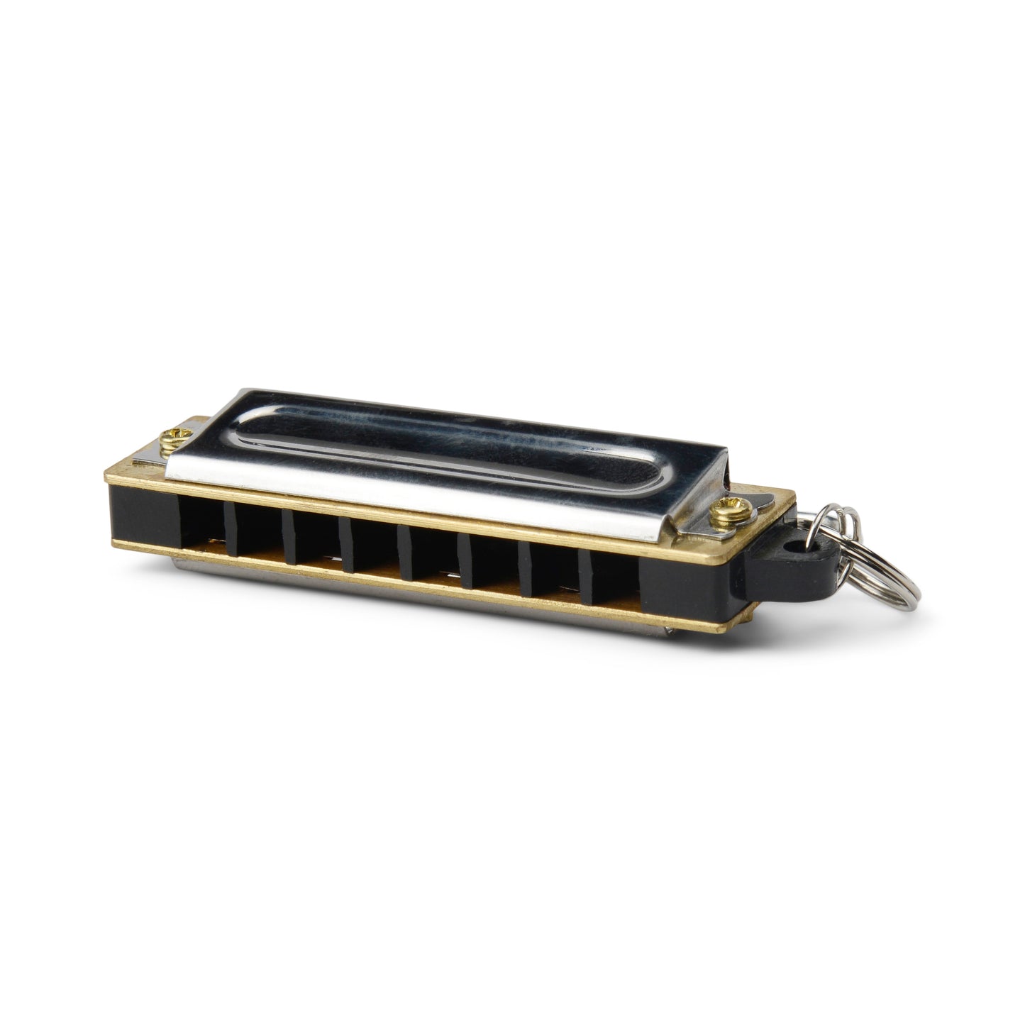 A compact Mini Harmonica with a brass finish and keyring, shown on a white background. This stylish and portable accessory is perfect for music lovers on the go.