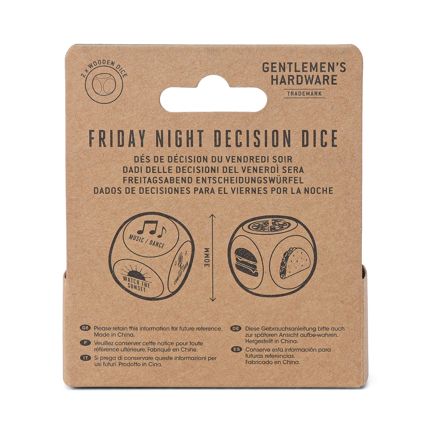 A cardboard package labeled Friday Night Dice features a wooden die suggesting fun activities like music, takeout, or a movie—a unique gift for indecisive evenings.