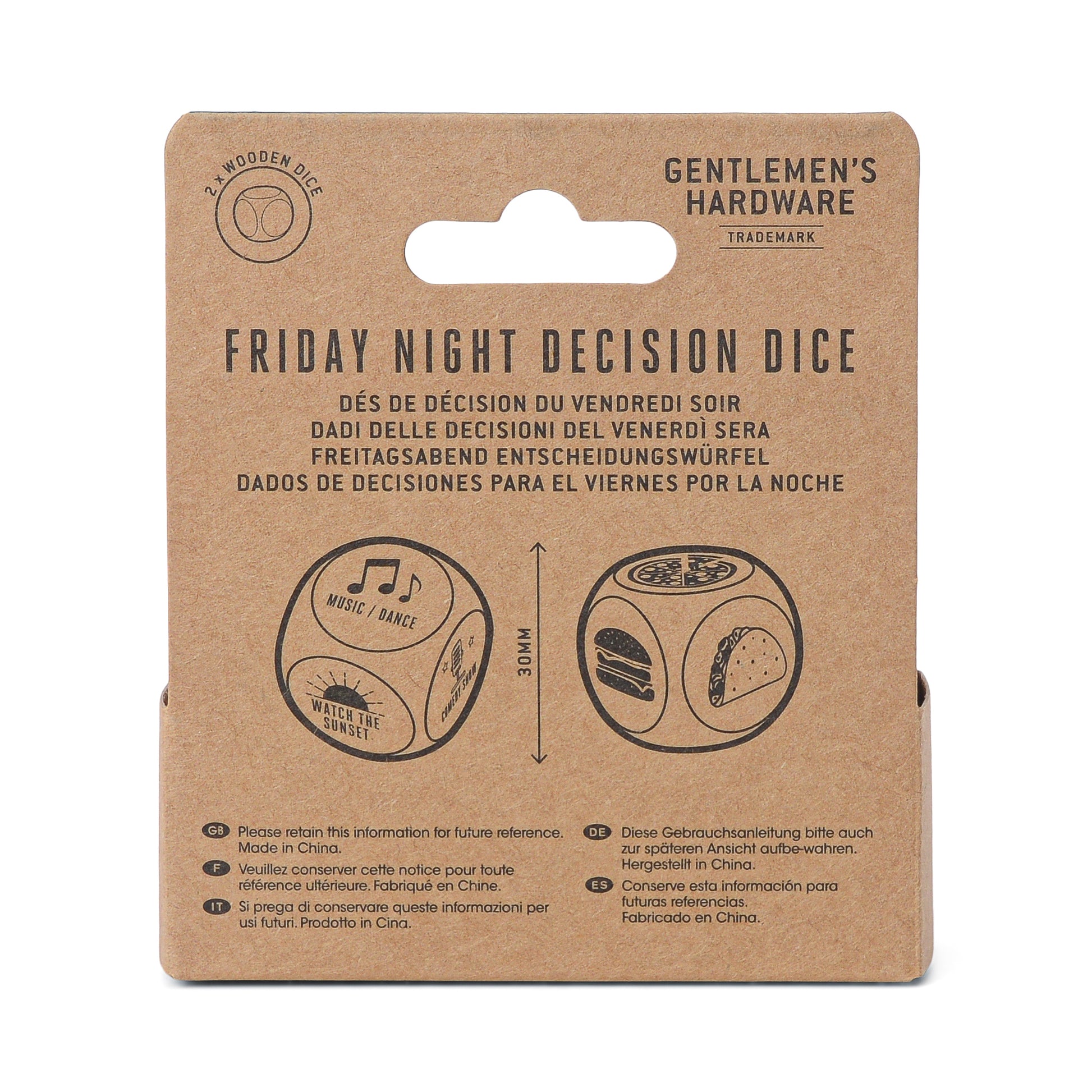 A cardboard package labeled Friday Night Dice features a wooden die suggesting fun activities like music, takeout, or a movie—a unique gift for indecisive evenings.