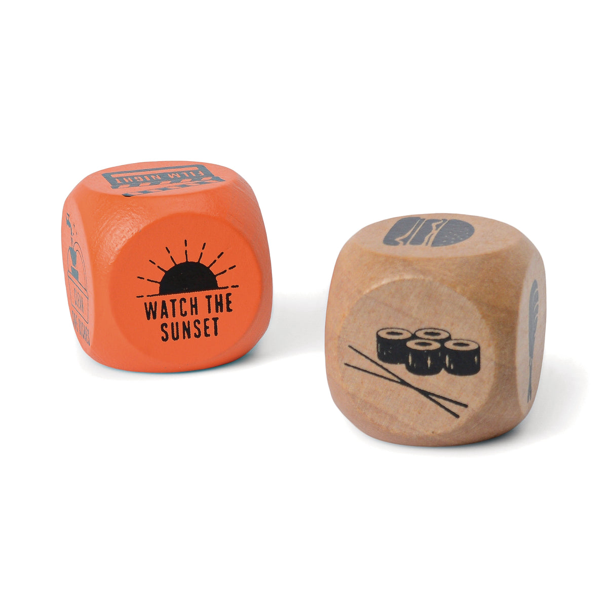 Friday Night Dice includes two wooden dice—one orange with Watch the sunset and a sun graphic, and one natural wood with a sushi illustration—perfect as a unique gift or for choosing your Friday night plans.