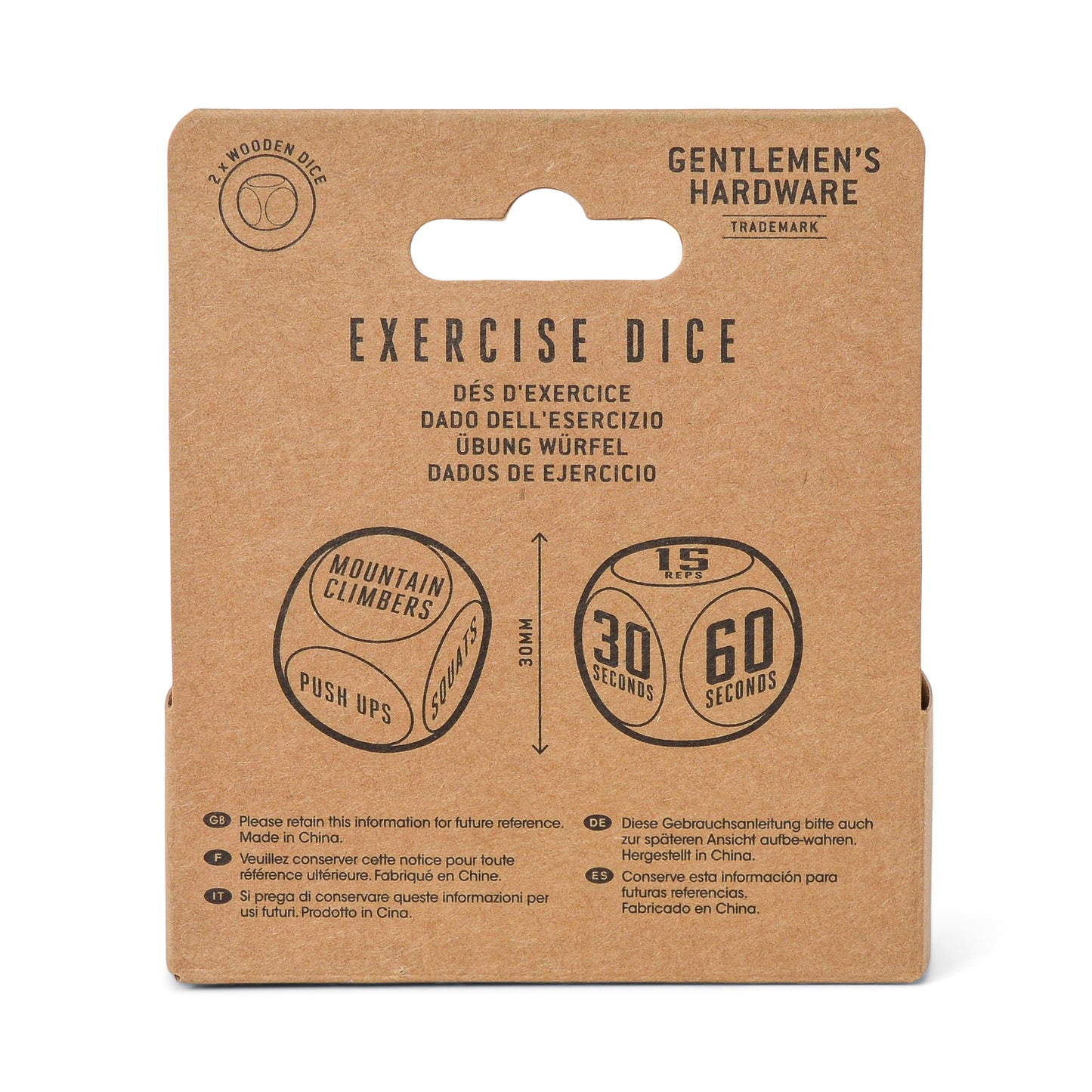 Brown cardboard packaging labeled Exercise Dice, featuring illustrated dice with exercise types and times. A fun workout game ideal for fitness lovers, with multi-language text and product details included.