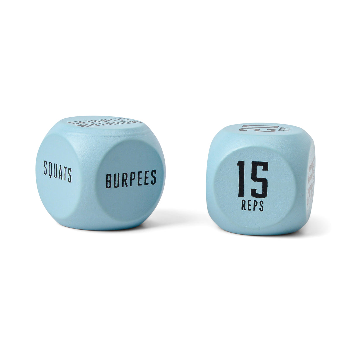 Great for fitness fans, the Exercise Dice in light blue turn workouts into a fun game—one die lists moves like SQUATS and BURPEES, the other shows 15 REPS, keeping your exercise routine engaging and challenging.