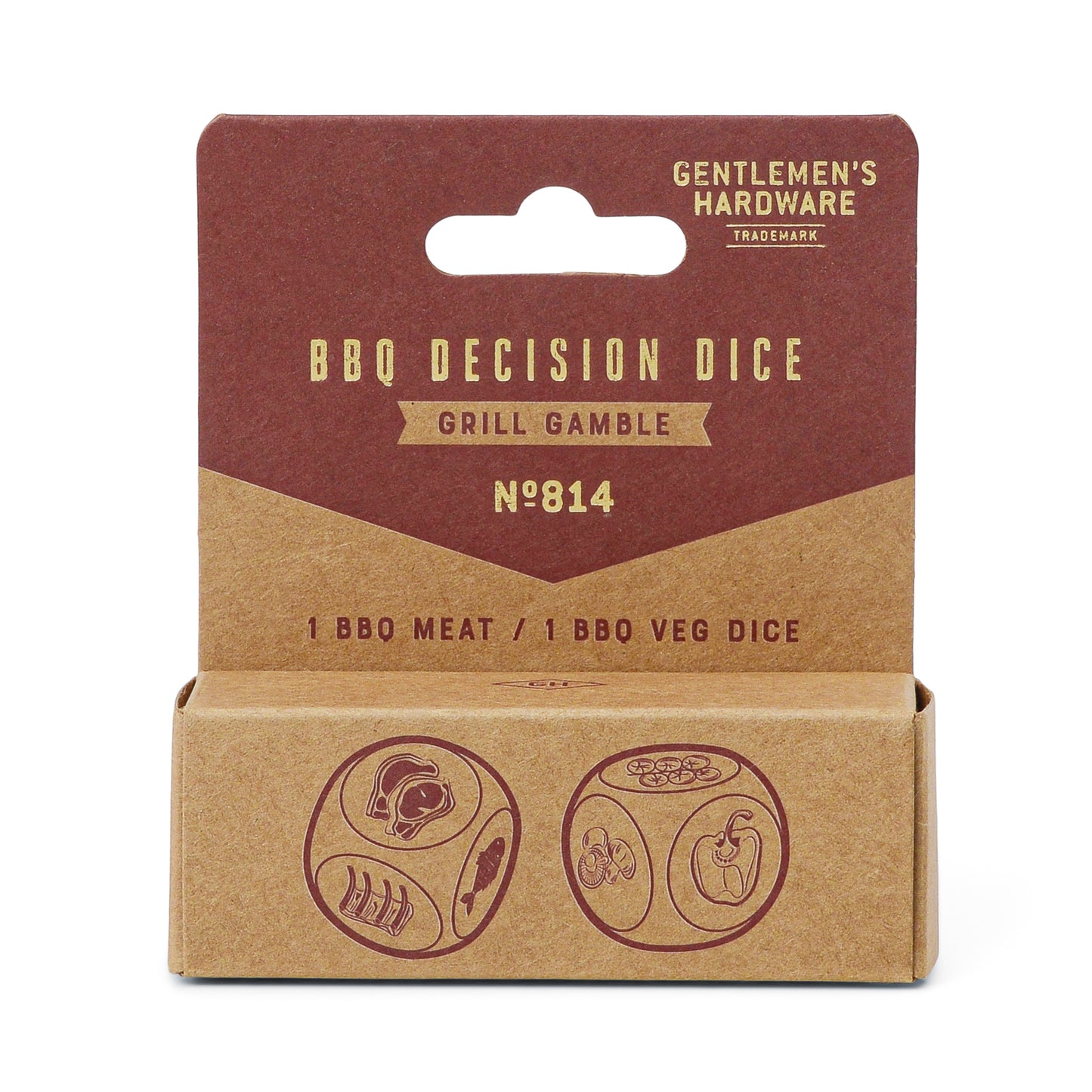 A brown box labeled BBQ Dice features illustrated dice with meat and veggie icons—a fun grilling game that makes a perfect housewarming gift for BBQ lovers.
