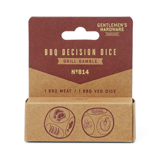 A brown box labeled BBQ Dice features illustrated dice with meat and veggie icons—a fun grilling game that makes a perfect housewarming gift for BBQ lovers.