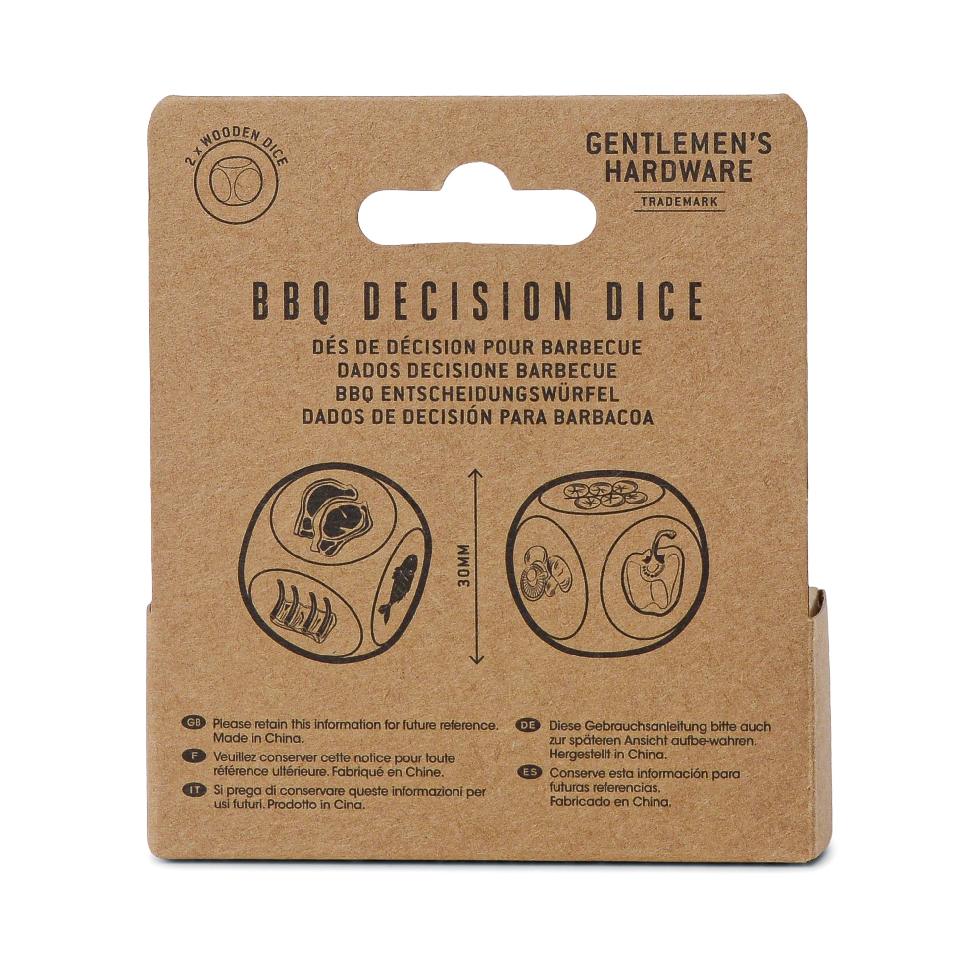 BBQ Dice is a cardboard package with illustrated dice showing food and cooking instructions, plus multilingual text. Perfect as a housewarming gift, it’s a fun grilling game for BBQ lovers.