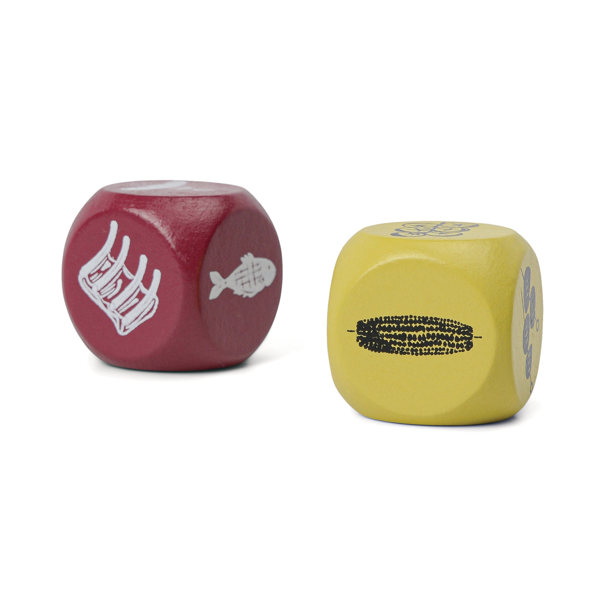 BBQ Dice—one red die with a fish and bones illustration and one yellow die with a corn design, both rounded—are displayed on a white background, making them perfect as fun BBQ Decision Dice for your next grilling session.