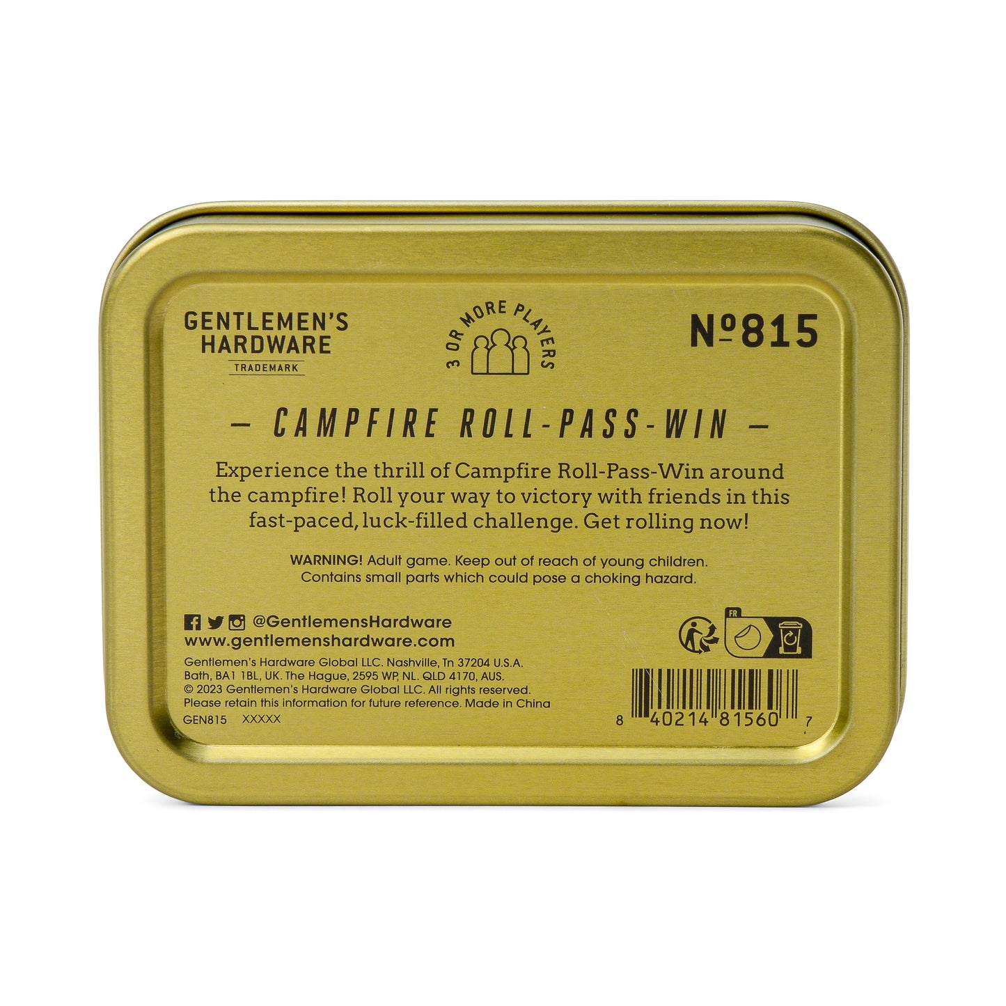 A gold tin labeled “Campfire Roll Pass Win” by Gentlemen’s Hardware, featuring a travel game with wooden dice, includes instructions and a small parts warning on the lid.