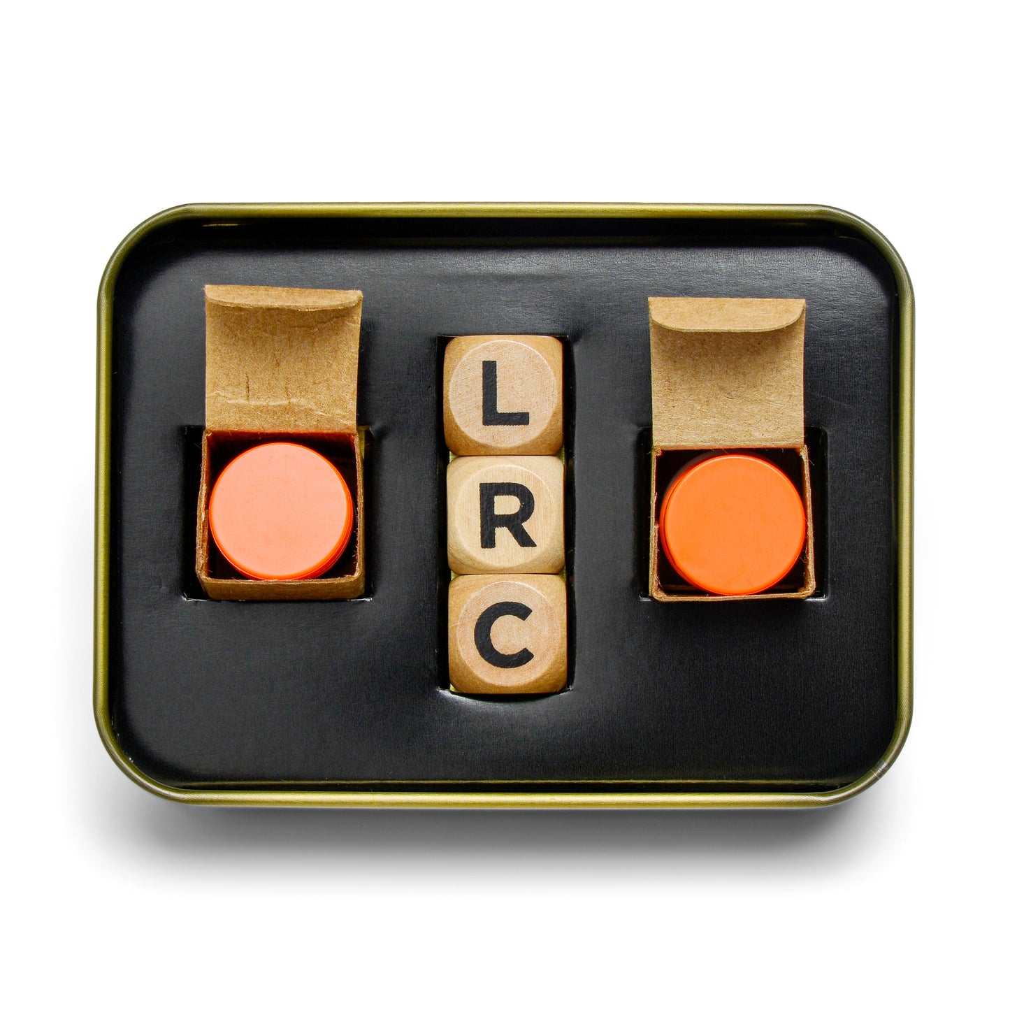 The Campfire Roll Pass Win by Gentlemen’s Hardware includes two stacks of orange chips and three wooden dice labeled L, R, and C, neatly stored in a black tray with a yellow border.