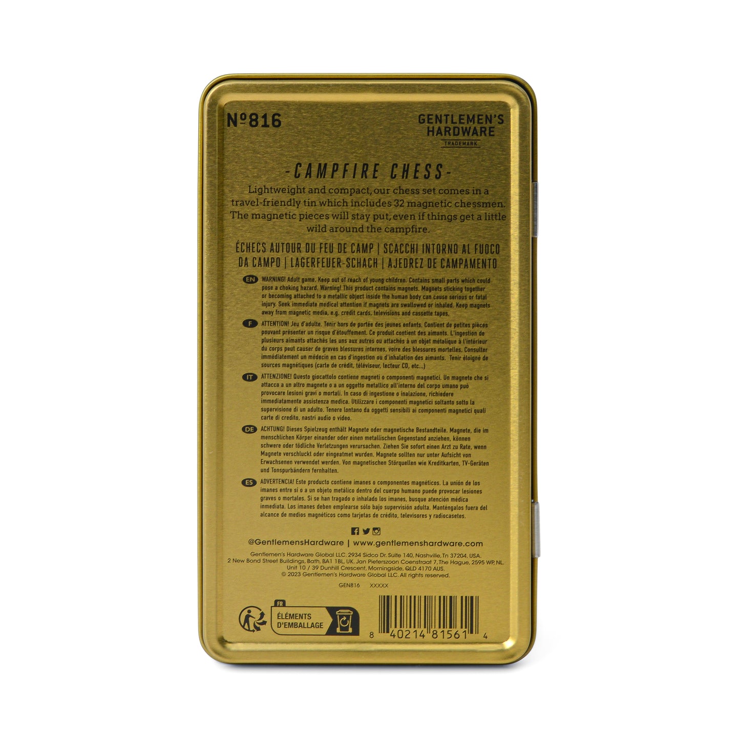 A gold tin labeled Travel Chess, this portable chess set features magnetic pieces and includes a product description and instructions printed in multiple languages on the back.