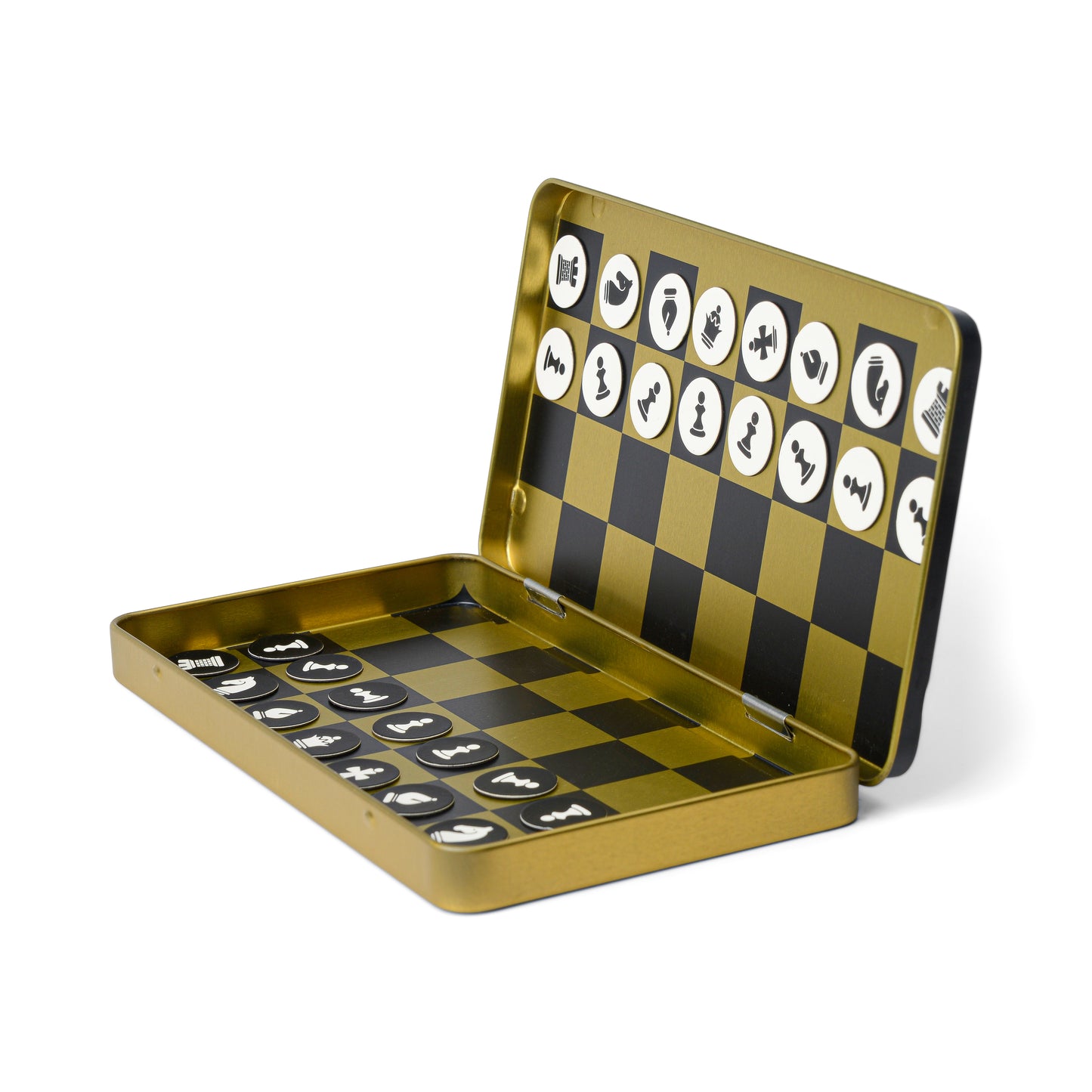 Travel Chess is a compact metal tin set with a magnetic board and pieces. Black and white pieces attach securely to the inside lid and base, making it perfect for travel or outdoor games like Campfire Chess.