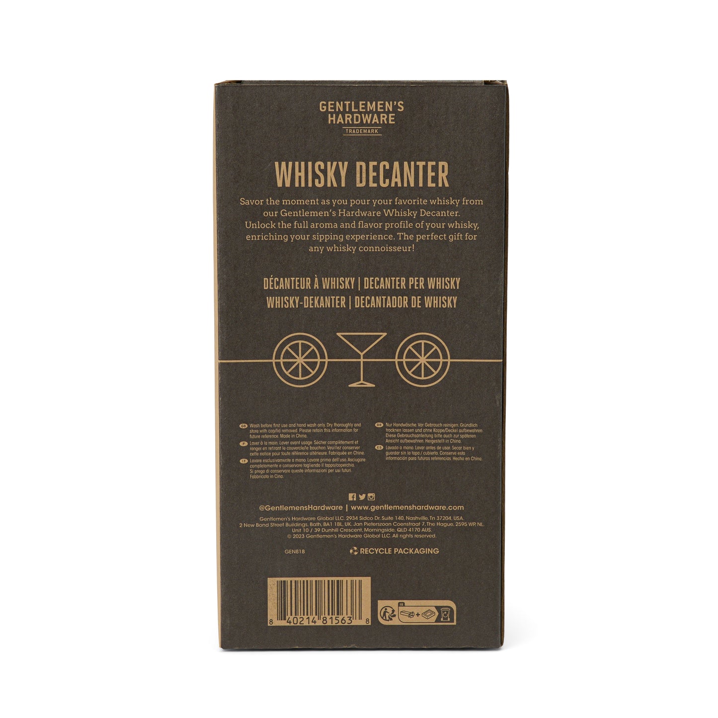 The back of a brown box labeled Whisky Decanter from the at-home bar collection, featuring product details, two vintage-style decanter glass illustrations, and recycling symbols.