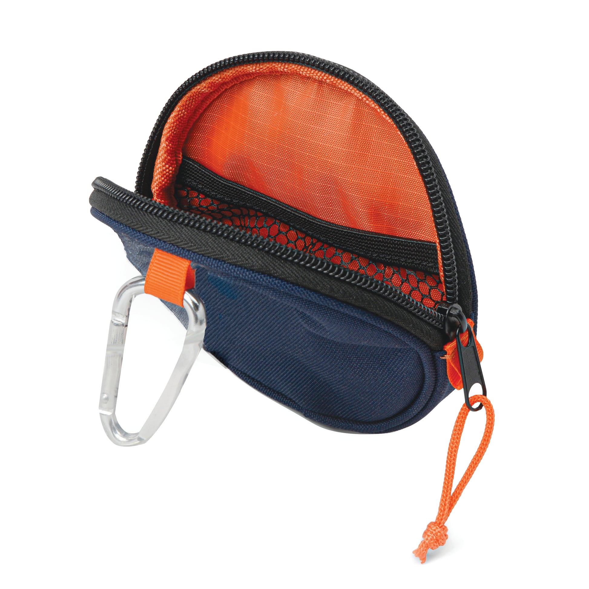 The Utility Pouch features a blue Cordura exterior, orange interior, mesh pocket, and a silver carabiner for easy carrying.
