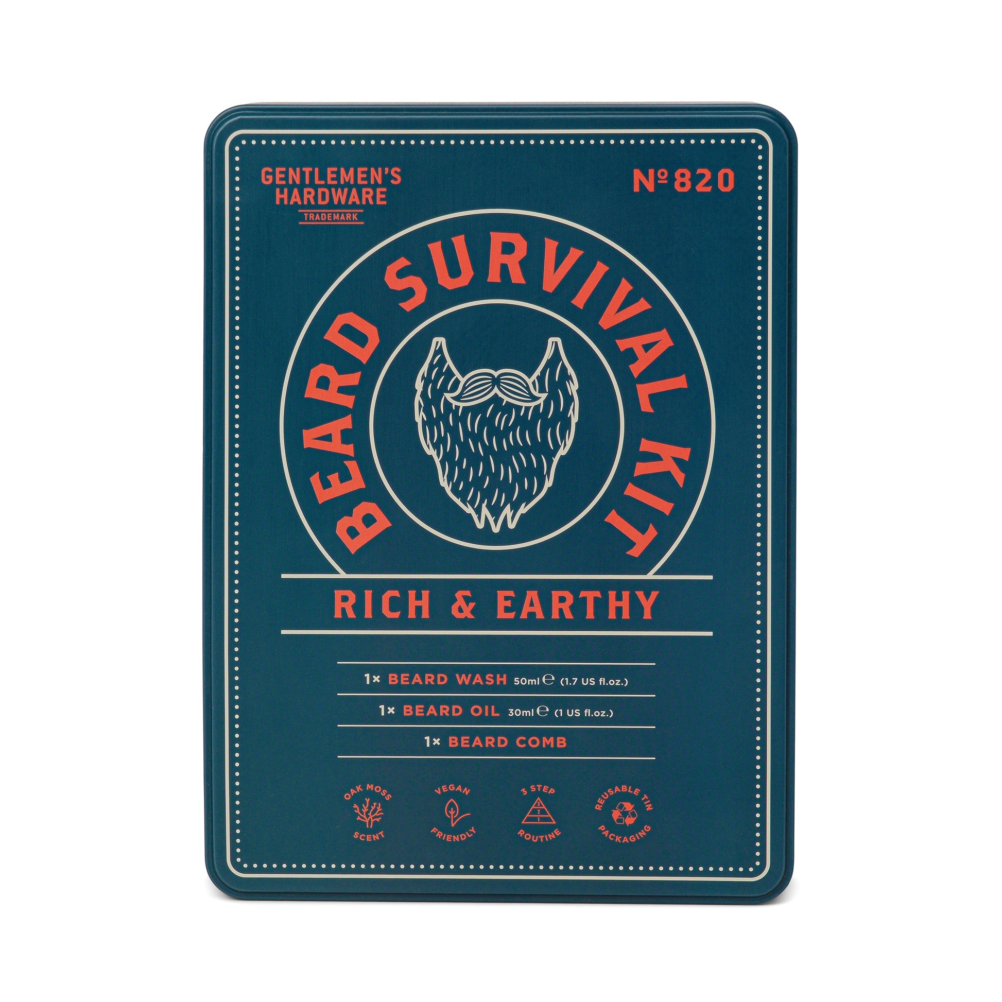 The Beard Survival Kit comes in a metal tin with vintage graphics and includes beard wash, nourishing oil, and a classic comb—everything you need for well-groomed whiskers.