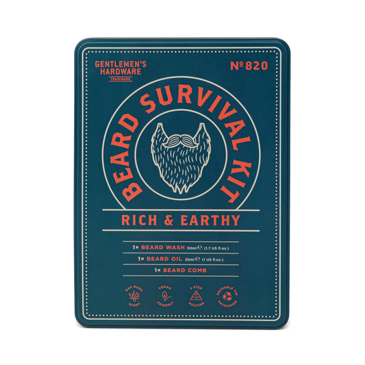 The Beard Survival Kit comes in a metal tin with vintage graphics and includes beard wash, nourishing oil, and a classic comb—everything you need for well-groomed whiskers.