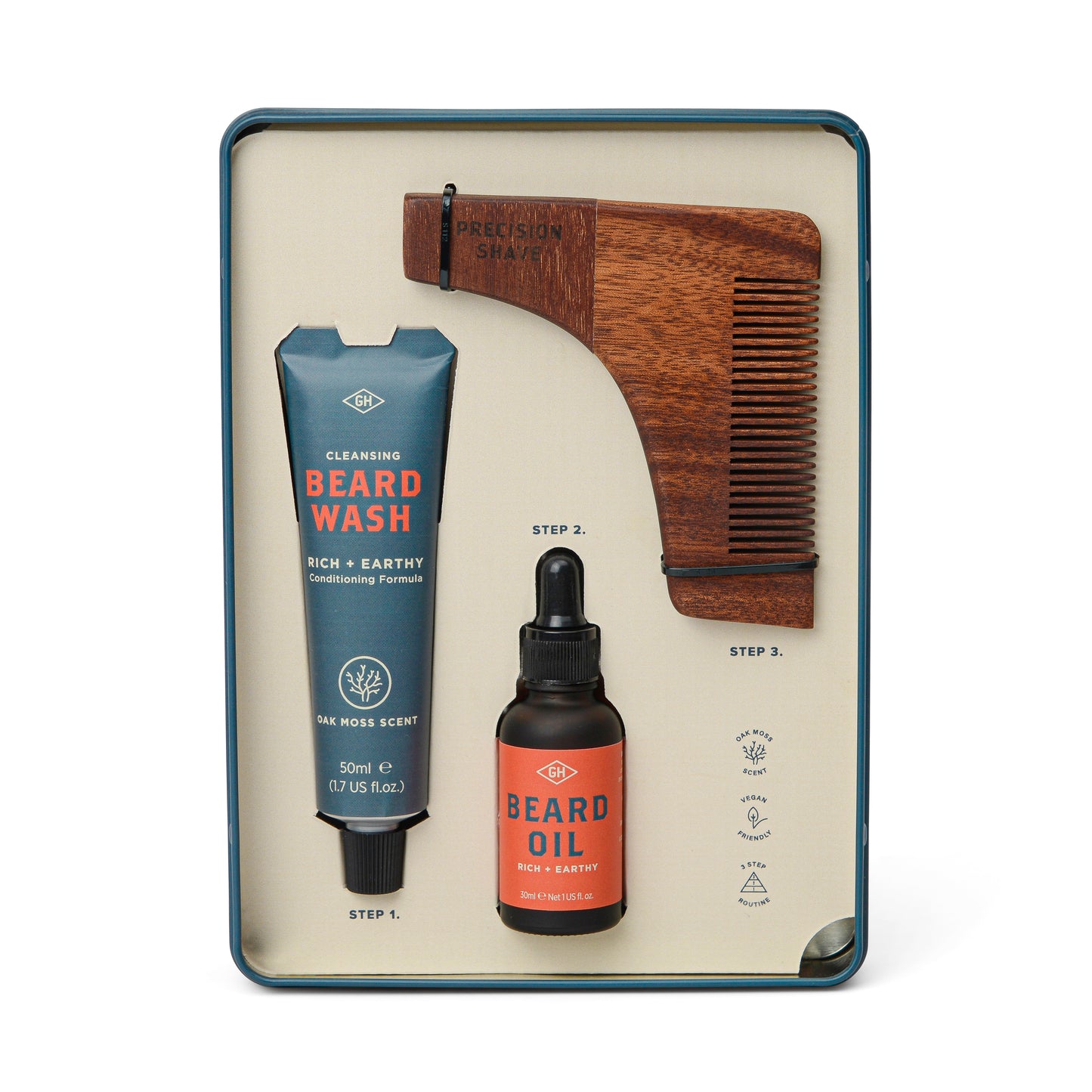 The Beard Survival Kit includes beard wash, nourishing beard oil in a dropper bottle, and a wooden comb, all neatly packed in a sleek metal box.
