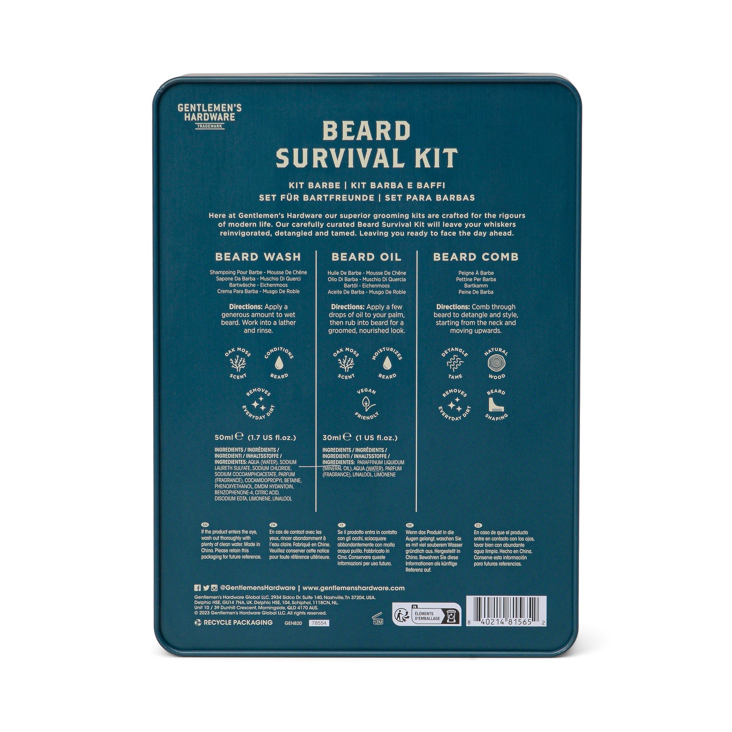 The Beard Survival Kit is a metal tin with descriptions and directions for Beard Wash, Beard Oil, and a beard comb printed on the back.