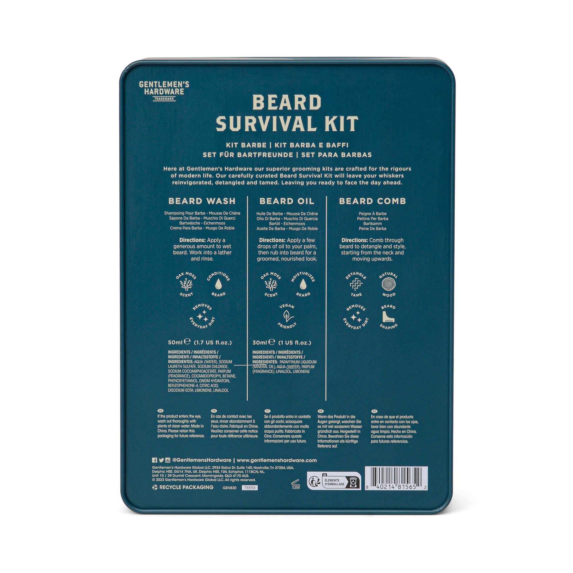 The Beard Survival Kit is a metal tin with descriptions and directions for Beard Wash, Beard Oil, and a beard comb printed on the back.