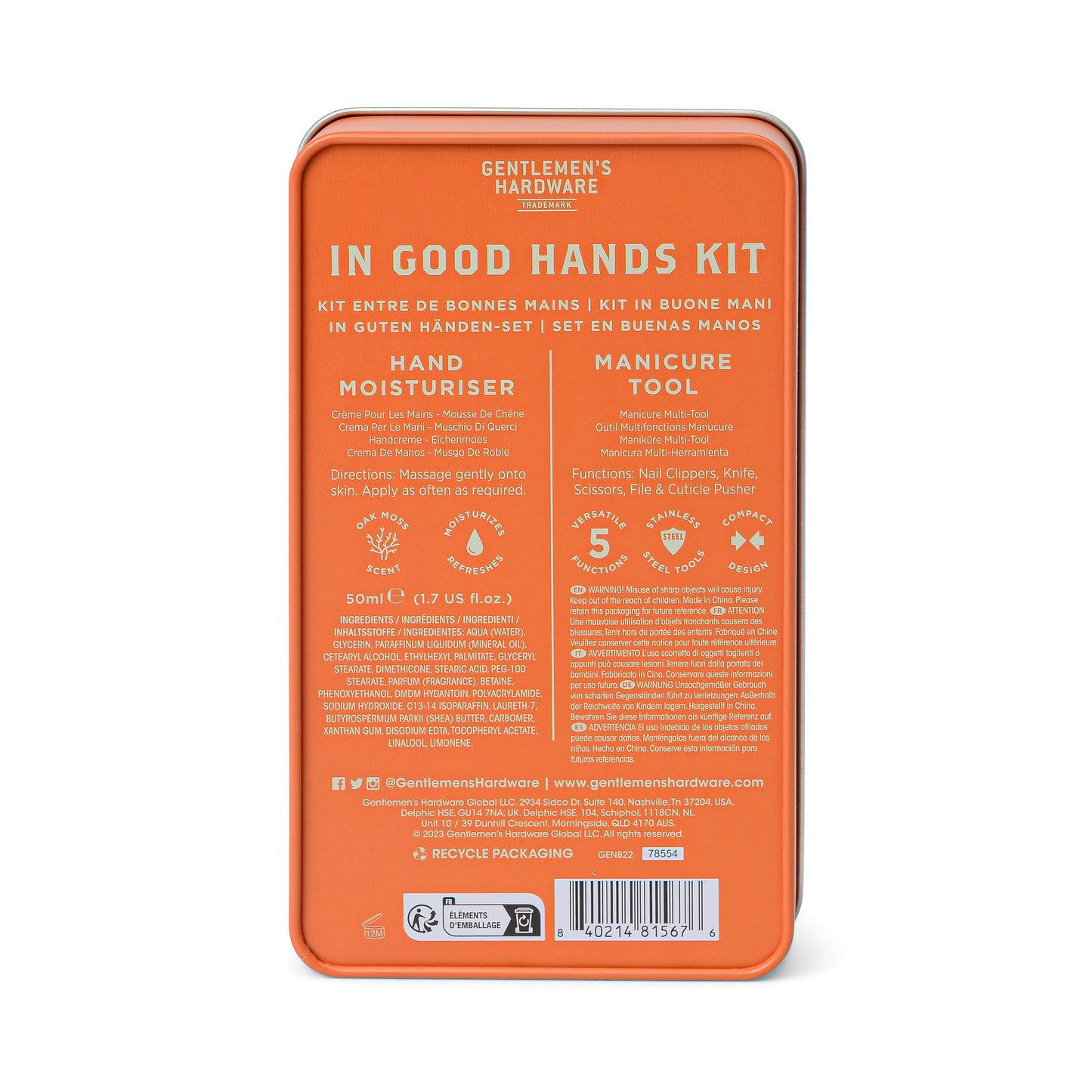 Rectangular orange metal tin labeled In Good Hands Kit, includes hand moisturizer and a manicure multi-tool, with usage instructions and product details printed on the back.