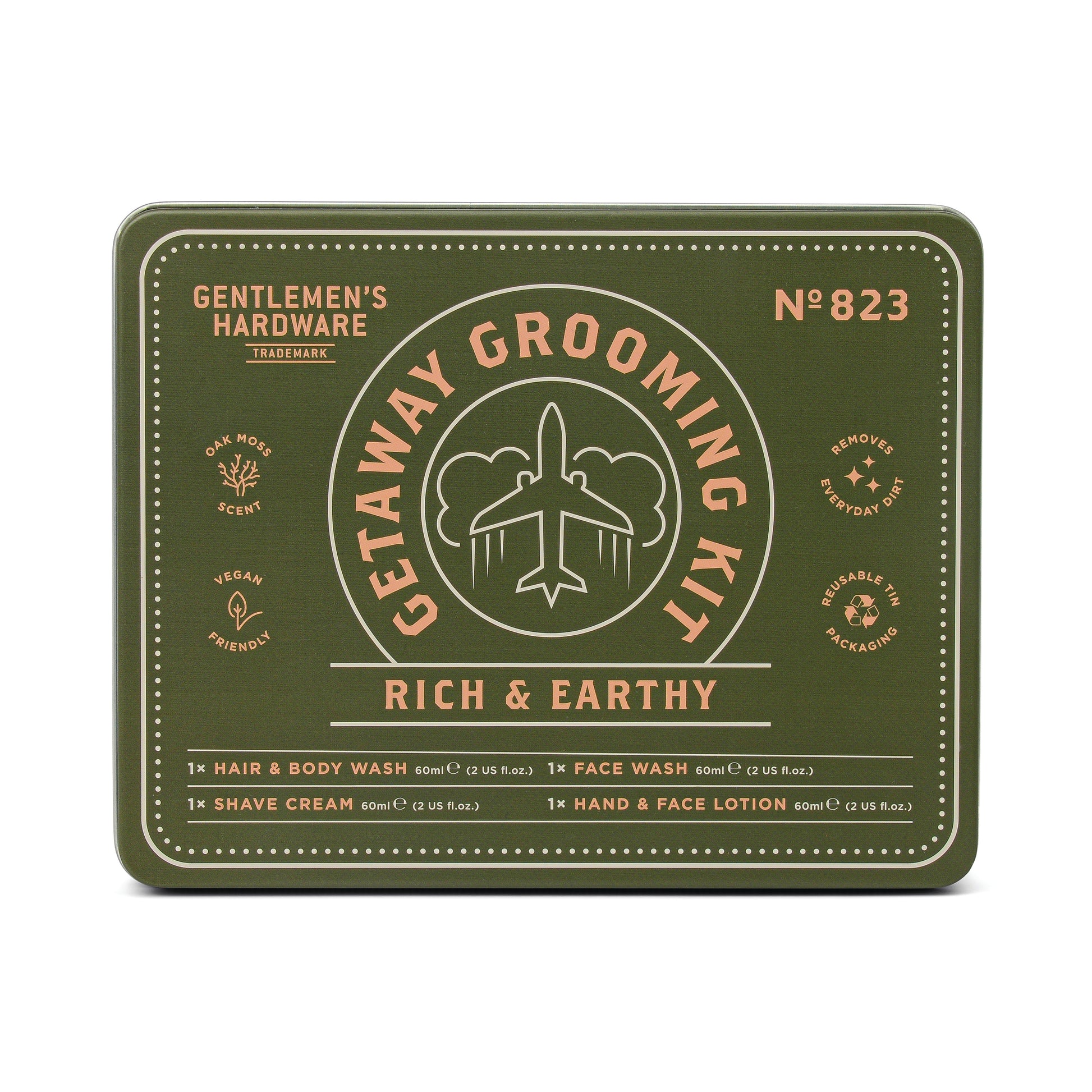 A green rectangular tin labeled Getaway Grooming Kit, by Gentlemen’s Hardware, showcases yellow and white travel-themed graphics—an essential grooming accessory for travelers.