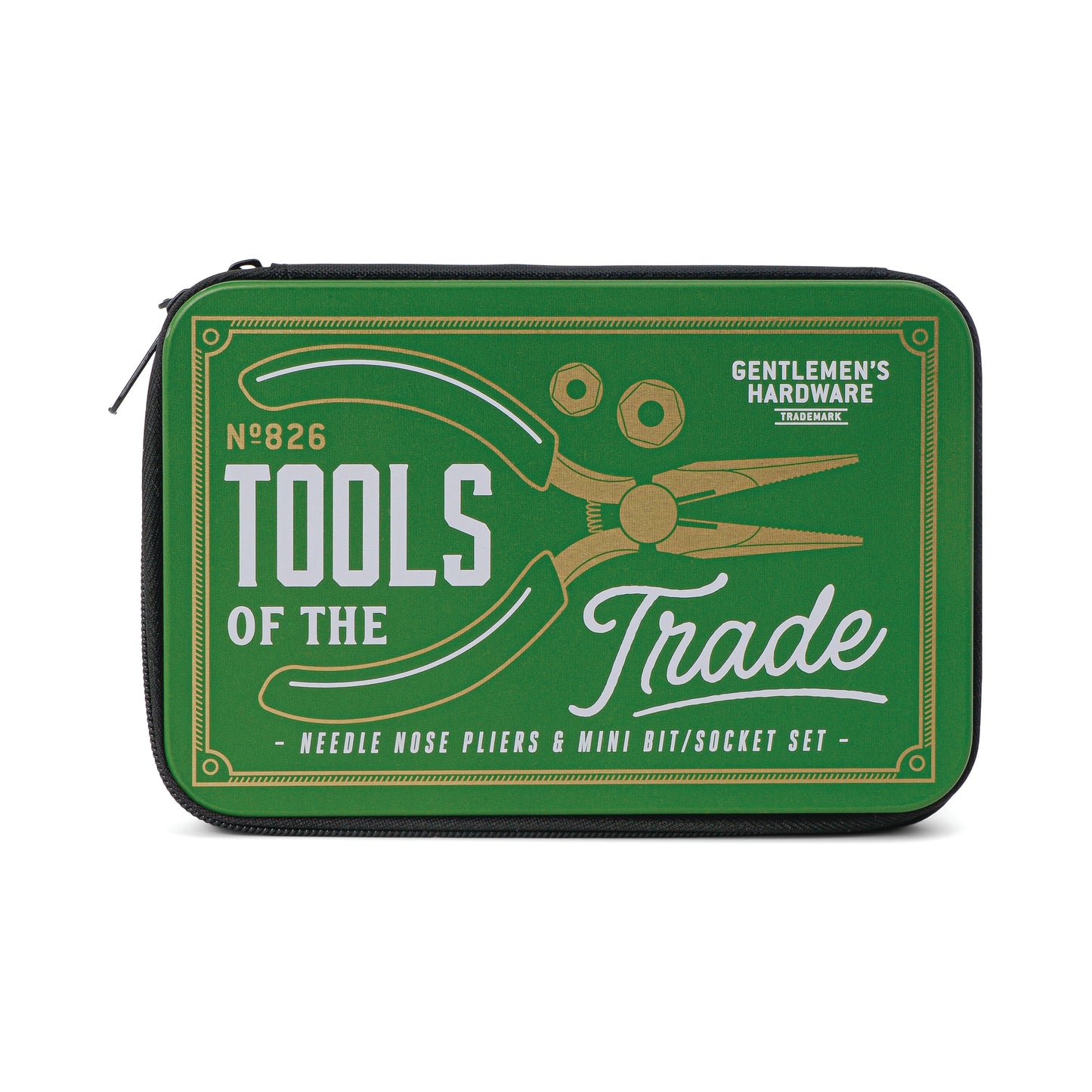 The Mini Tool Kit from Gentlemens Hardware comes in a green zippered case labeled Tools of the Trade, featuring a pliers illustration and includes needle nose pliers plus a mini bit/socket set.