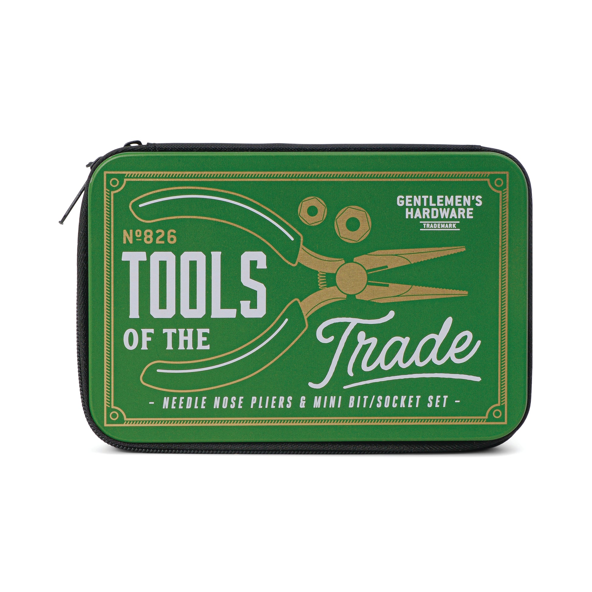 The Mini Tool Kit from Gentlemens Hardware comes in a green zippered case labeled Tools of the Trade, featuring a pliers illustration and includes needle nose pliers plus a mini bit/socket set.