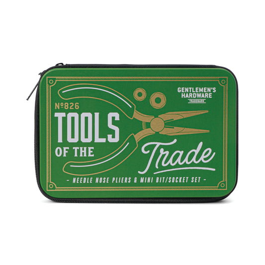 The Mini Tool Kit from Gentlemens Hardware comes in a green zippered case labeled Tools of the Trade, featuring a pliers illustration and includes needle nose pliers plus a mini bit/socket set.