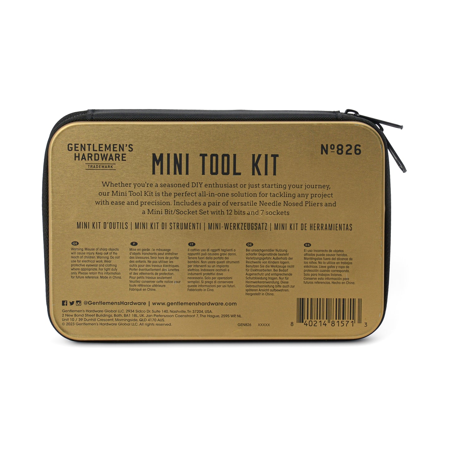 The Mini Tool Kit features a compact case with a gold label listing its contents—needle nose pliers, 12-in-1 driver, and mini bit/socket set—shown on a white background.