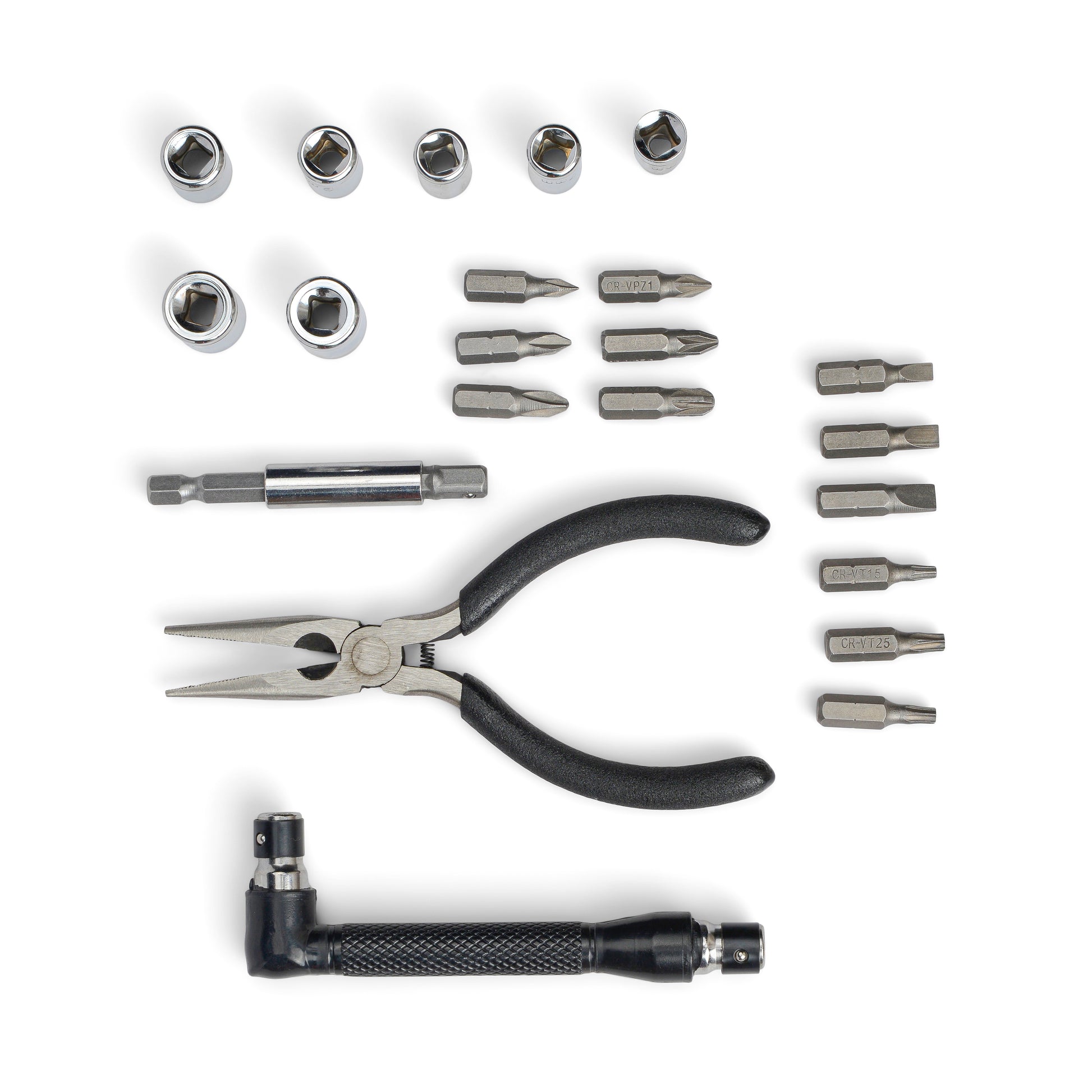 The Mini Tool Kit is displayed on a white background, including a mini bit/socket set, needle nose pliers, ratchet handle, sockets, screwdriver bits, and an extension bar.