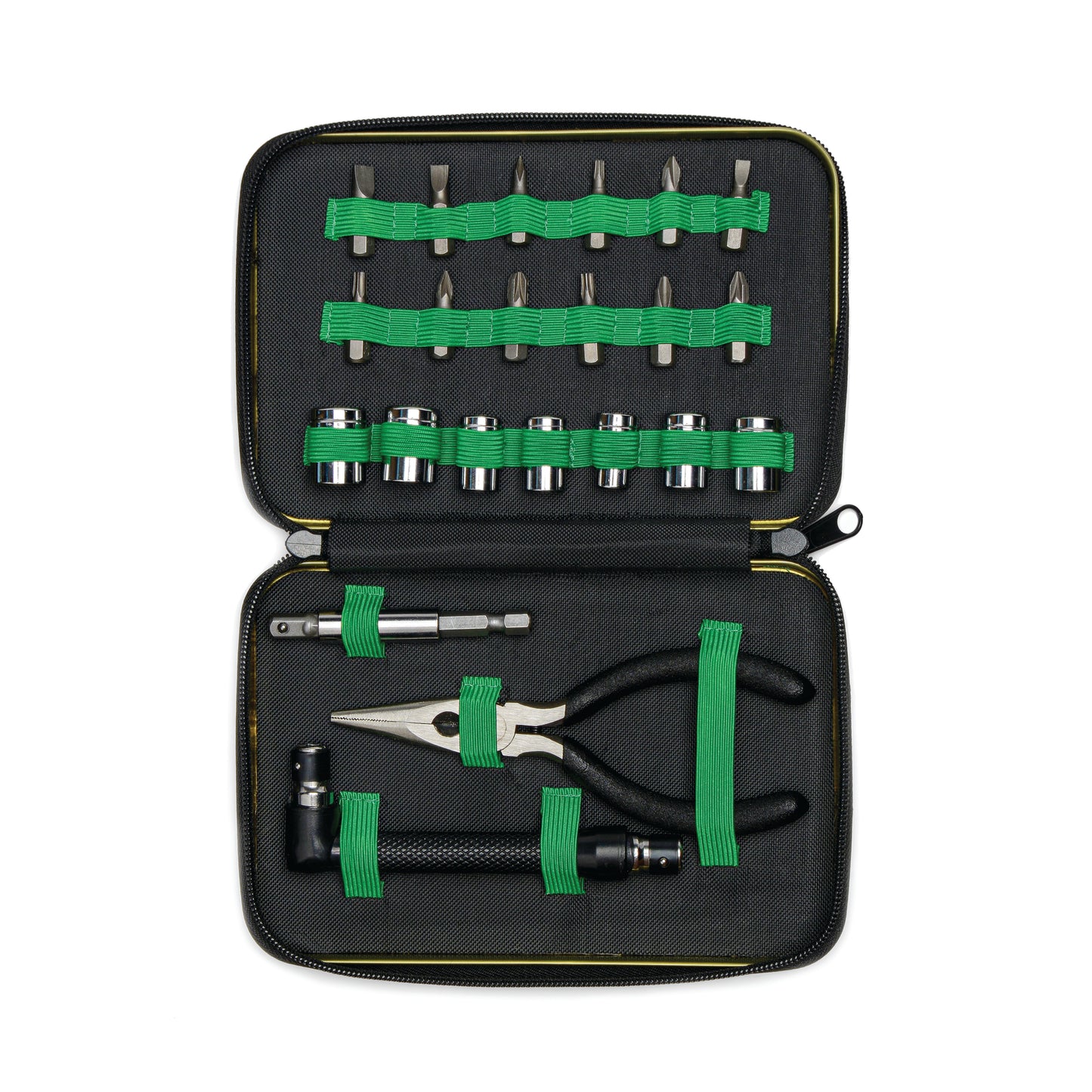 The Mini Tool Kit includes a black case with green elastic bands, holding screwdriver bits, sockets, needle nose pliers, a ratchet, and extension bars.
