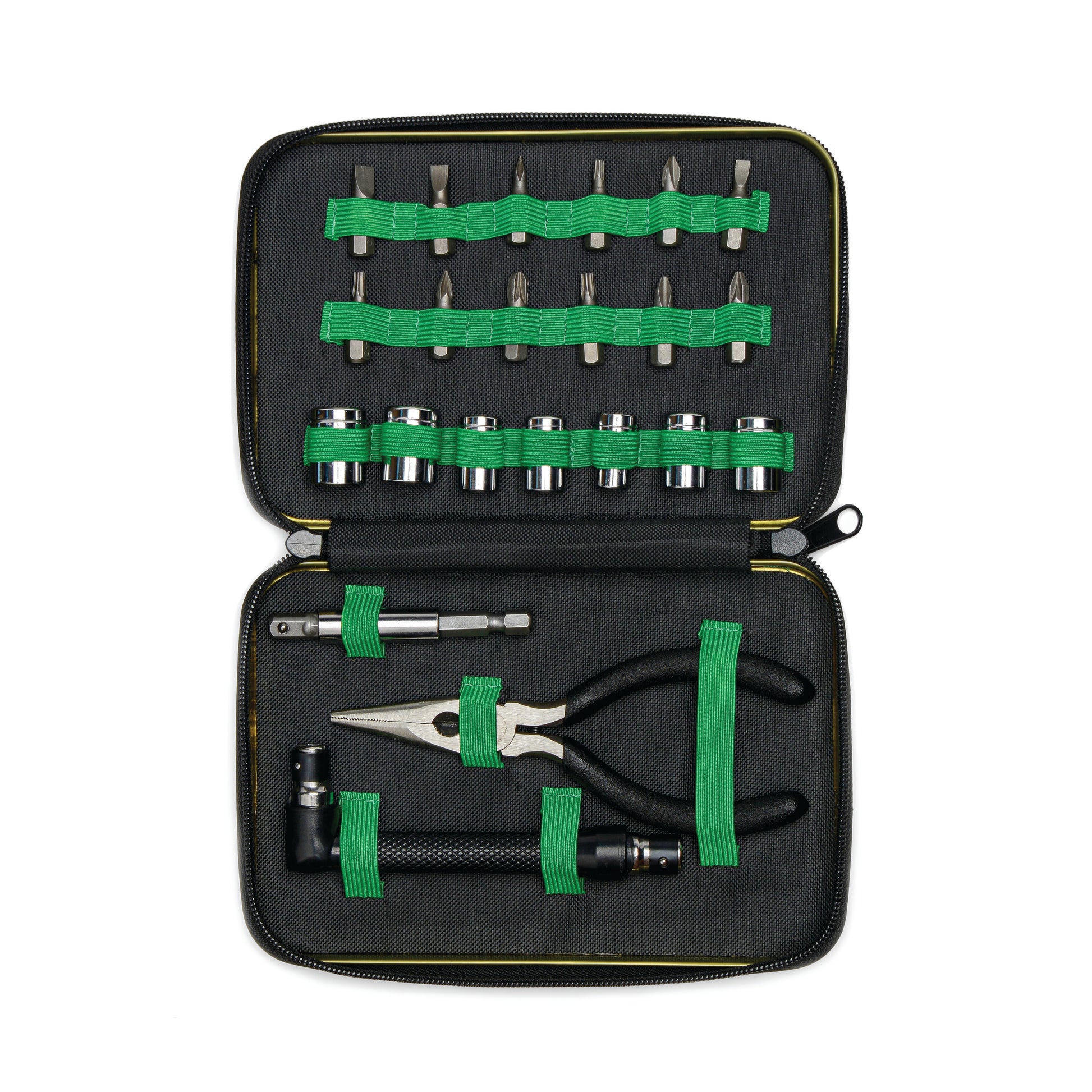 The Mini Tool Kit includes a black case with green elastic bands, holding screwdriver bits, sockets, needle nose pliers, a ratchet, and extension bars.