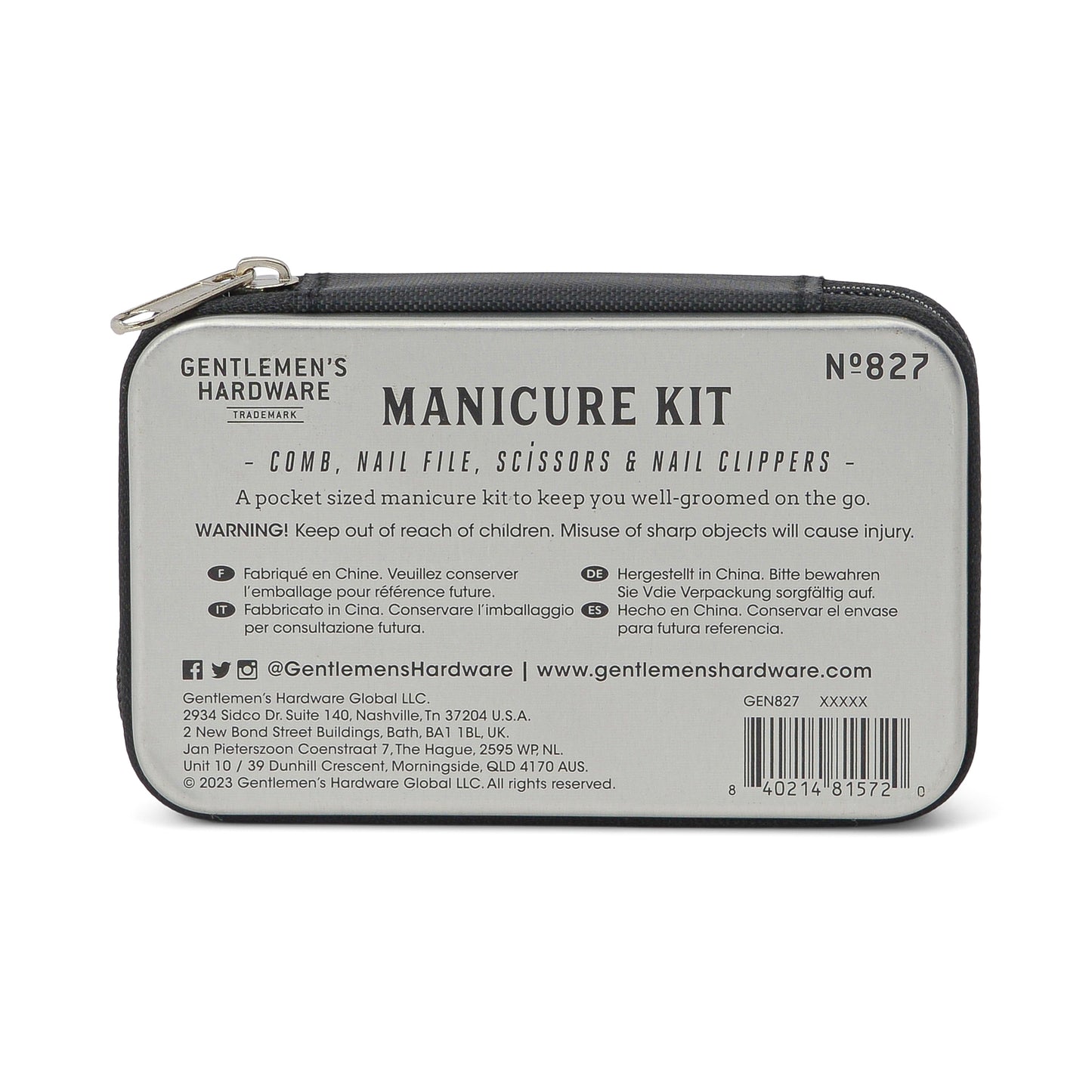 Rectangular zippered case labeled Manicure Kit, featuring grooming essentials; product details and safety warnings are printed on the back.