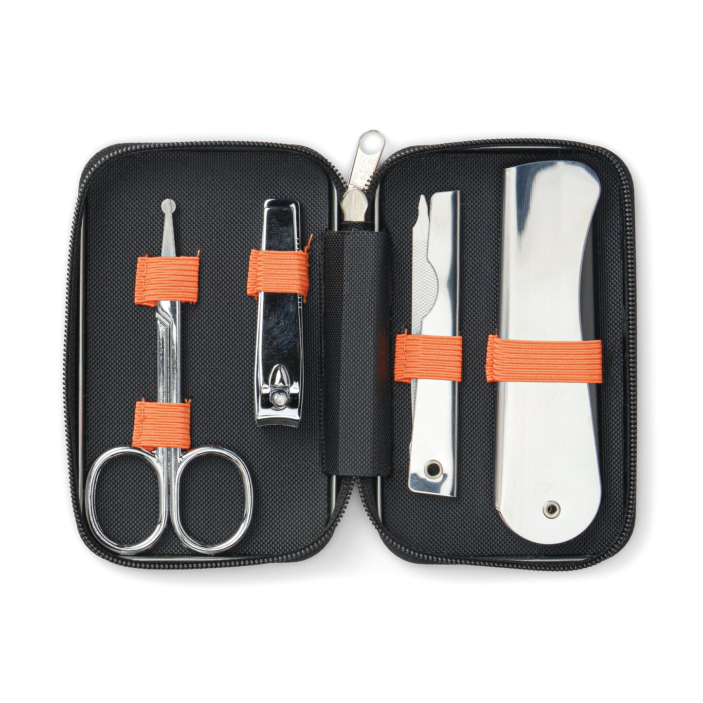 The Manicure Kit is a black zippered set with nail scissors, a cuticle pusher, two nail clippers, a nail file, and tweezers—all secured with orange elastic bands for stylish grooming anywhere.