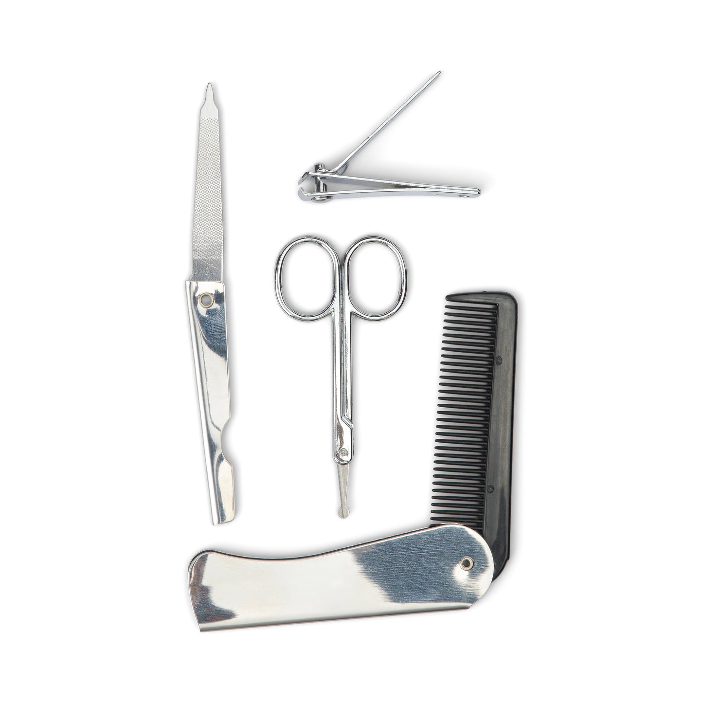 The Manicure Kit from Gentlemen’s Hardware, featuring a metal nail file, nail clippers, scissors, and a black folding comb, is displayed on a white background.