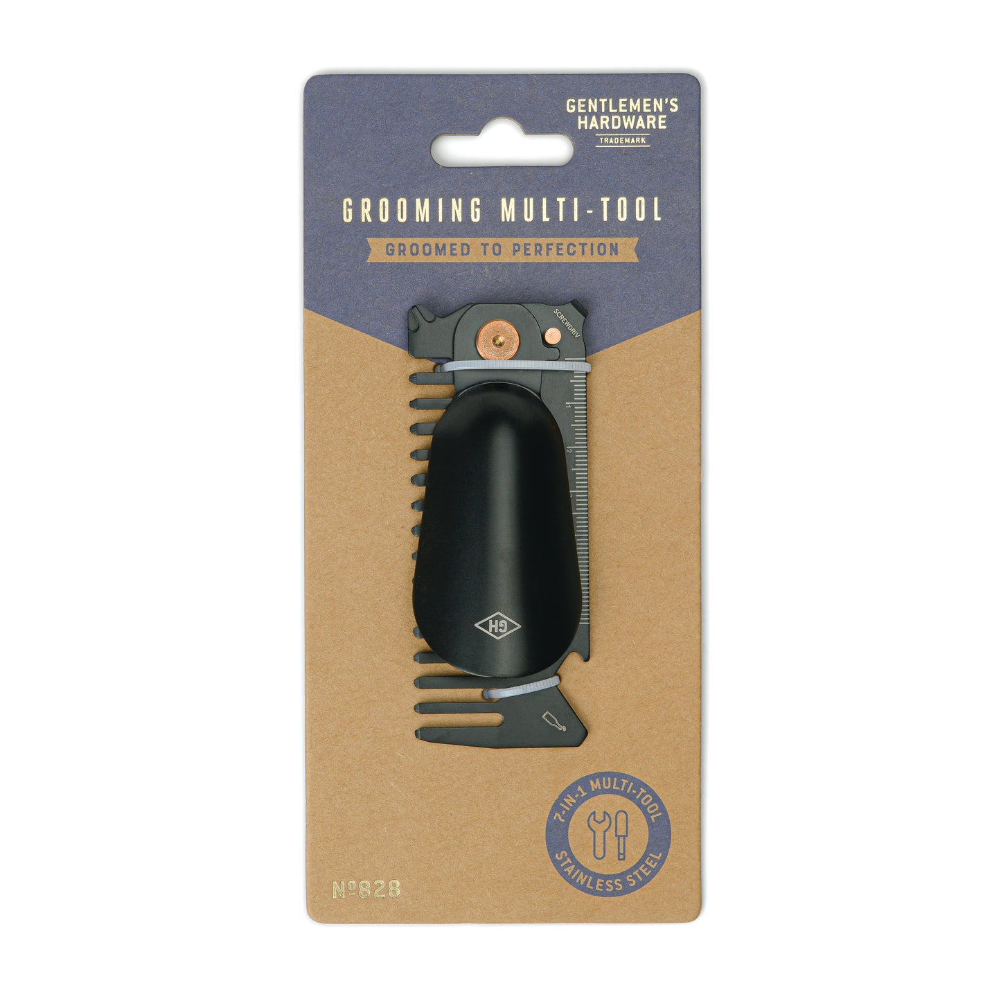 The Grooming Multi-Tool is a compact device featuring various stainless steel grooming implements, presented on a Groomed to Perfection cardboard backing.