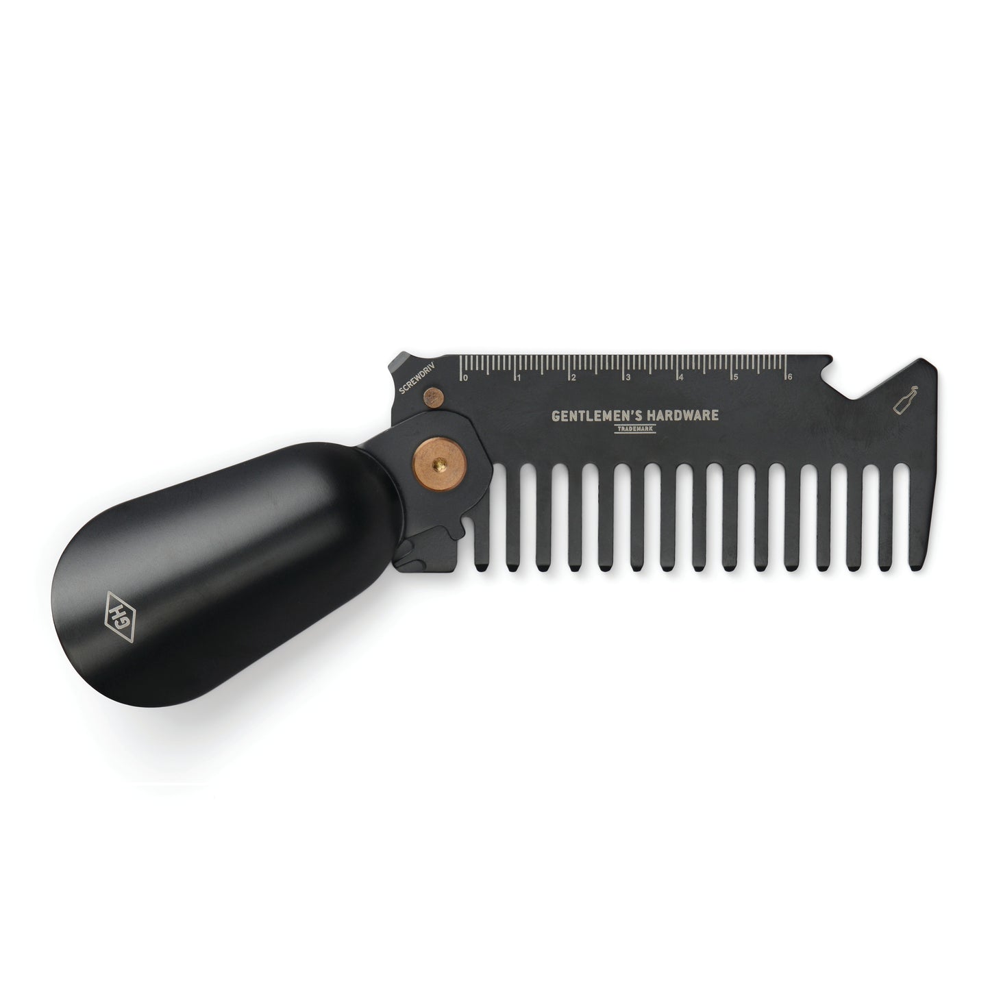 The Grooming Multi-Tool is a black metal comb with a handle, ruler markings, and Gentlemen’s Hardware branding—an essential, compact tool for precise styling.