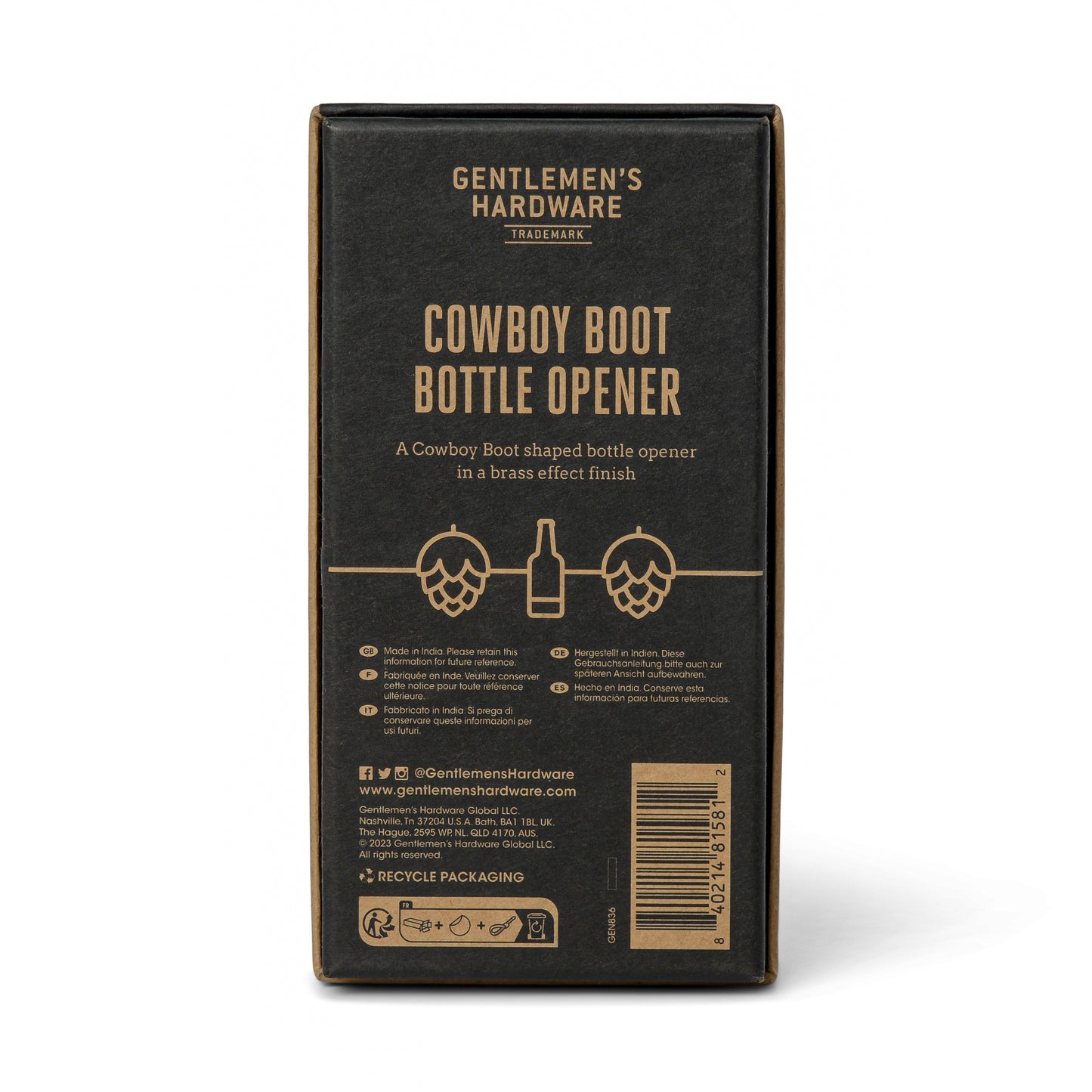 Rectangular black box packaging for the Cowboy Boot Bottle Opener, featuring a brass effect finish and gold-printed details—an essential rugged-style bar accessory from Gentlemens Hardware.