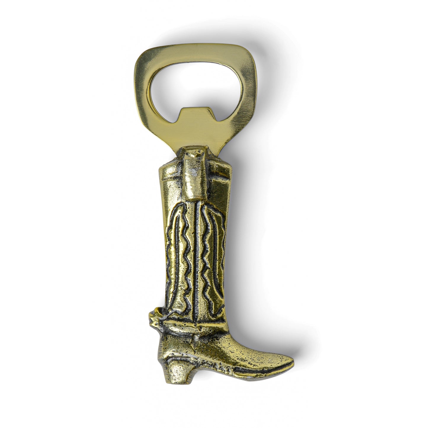 The Cowboy Boot Bottle Opener features a brass-effect, gold-toned metal finish with detailed boot accents, making it a unique bar accessory. Product shown isolated on a white background.