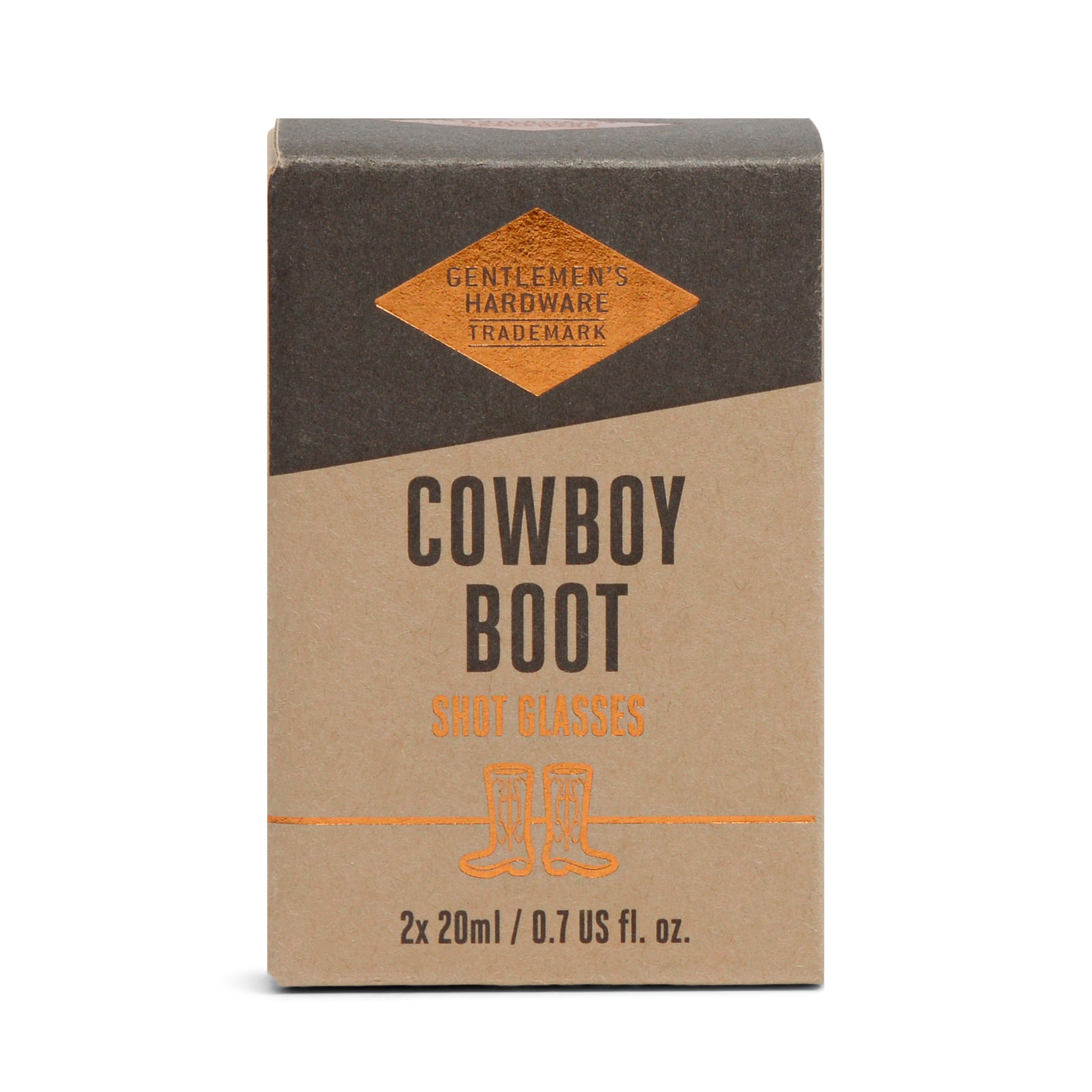 Set of 2 Cowboy Boot Shot Glasses packaged in a brown box—each glass holds 20ml (0.7 fl. oz) and is boot-shaped, making this set a fun, ideal addition to your at-home bar kit.