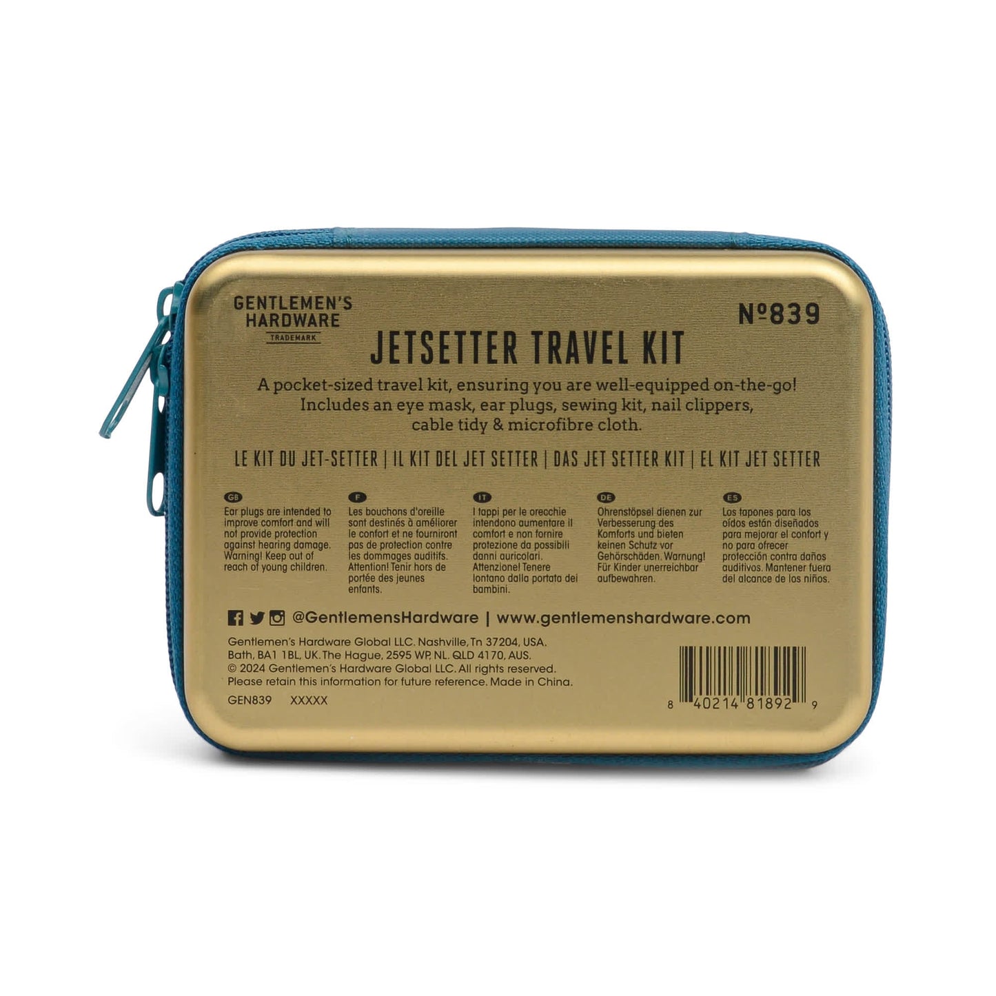 The Jet Setter Kit is a compact blue and gold zippered case, ideal for travel, with essential items inside and company info displayed on the back.