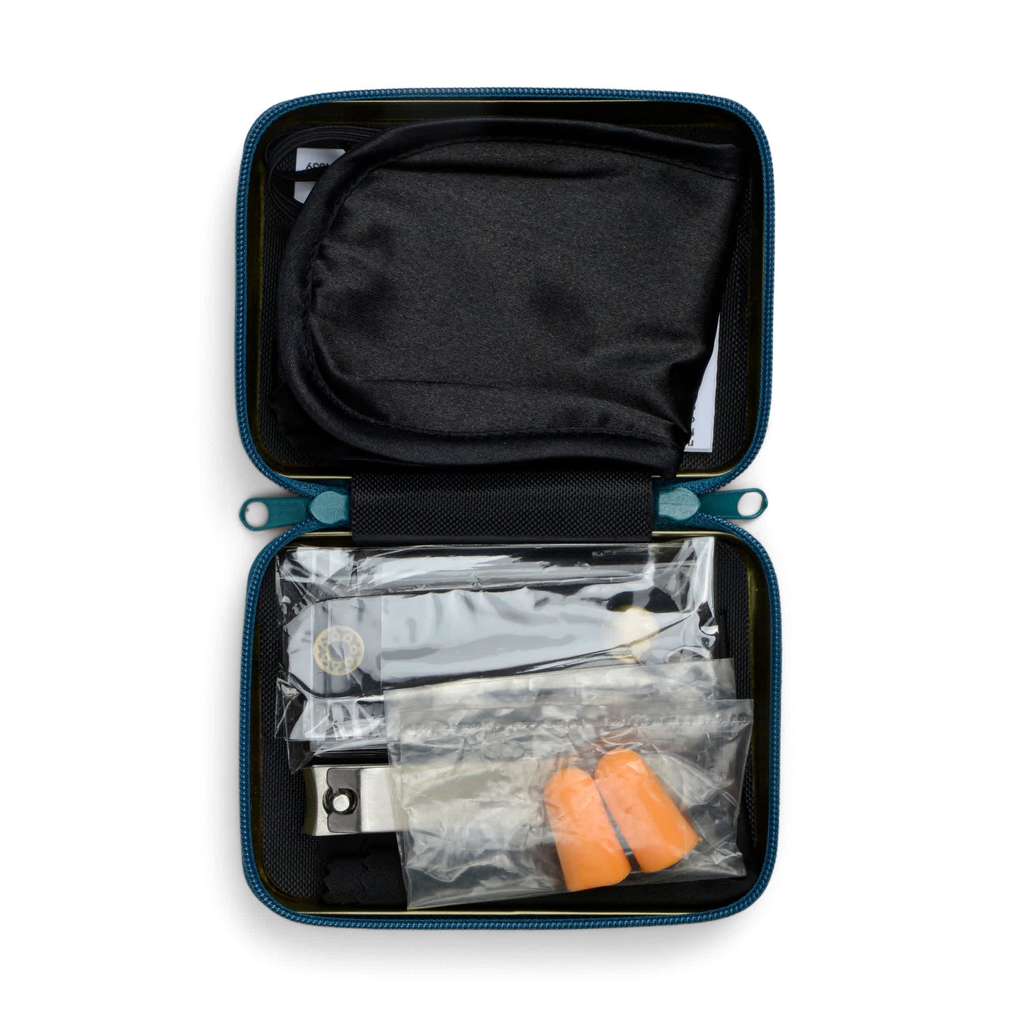 The Jet Setter Kit is an open zippered travel kit with orange earplugs and multiple tools in plastic bags—ideal for staying prepared while traveling.
