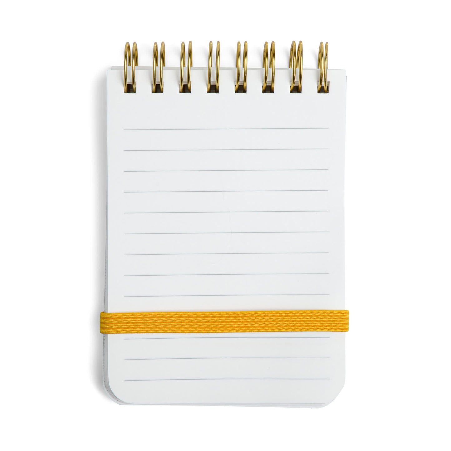 The Pocket Waterproof Note Book is a small, spiral-bound notebook with lined stone paper pages and a yellow elastic band across the bottom half.