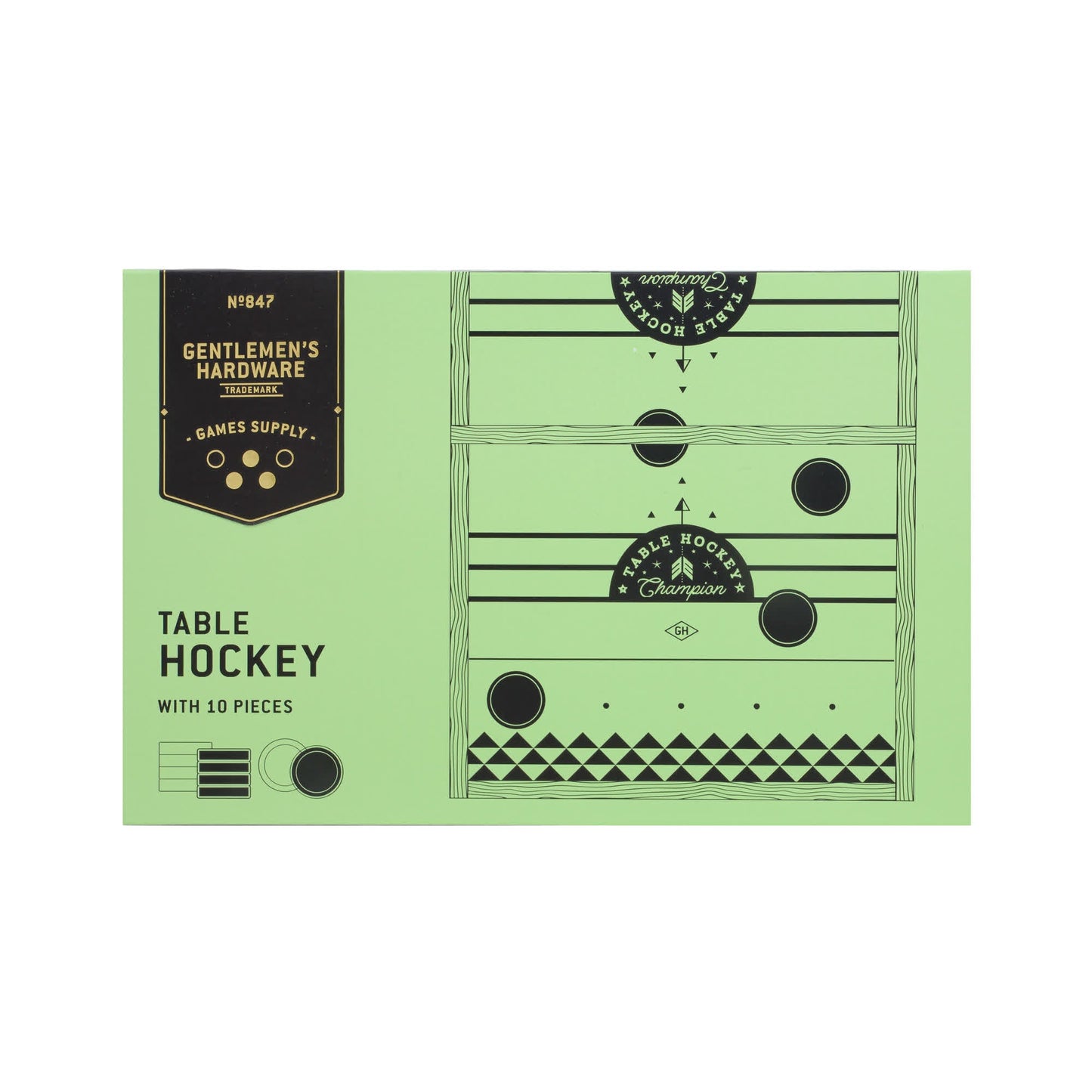 A green box labeled Table Hockey shows a diagram of the tabletop game and notes it contains 10 pieces, including a wooden playing board and an elastic launcher.