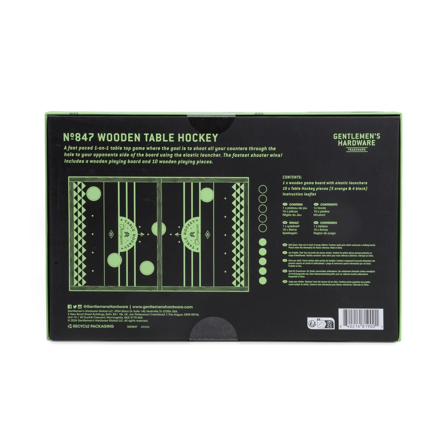 Back of box for Table Hockey showcasing game details, contents list, and an image of the wooden board for this fast-paced tabletop game featuring an elastic launcher.