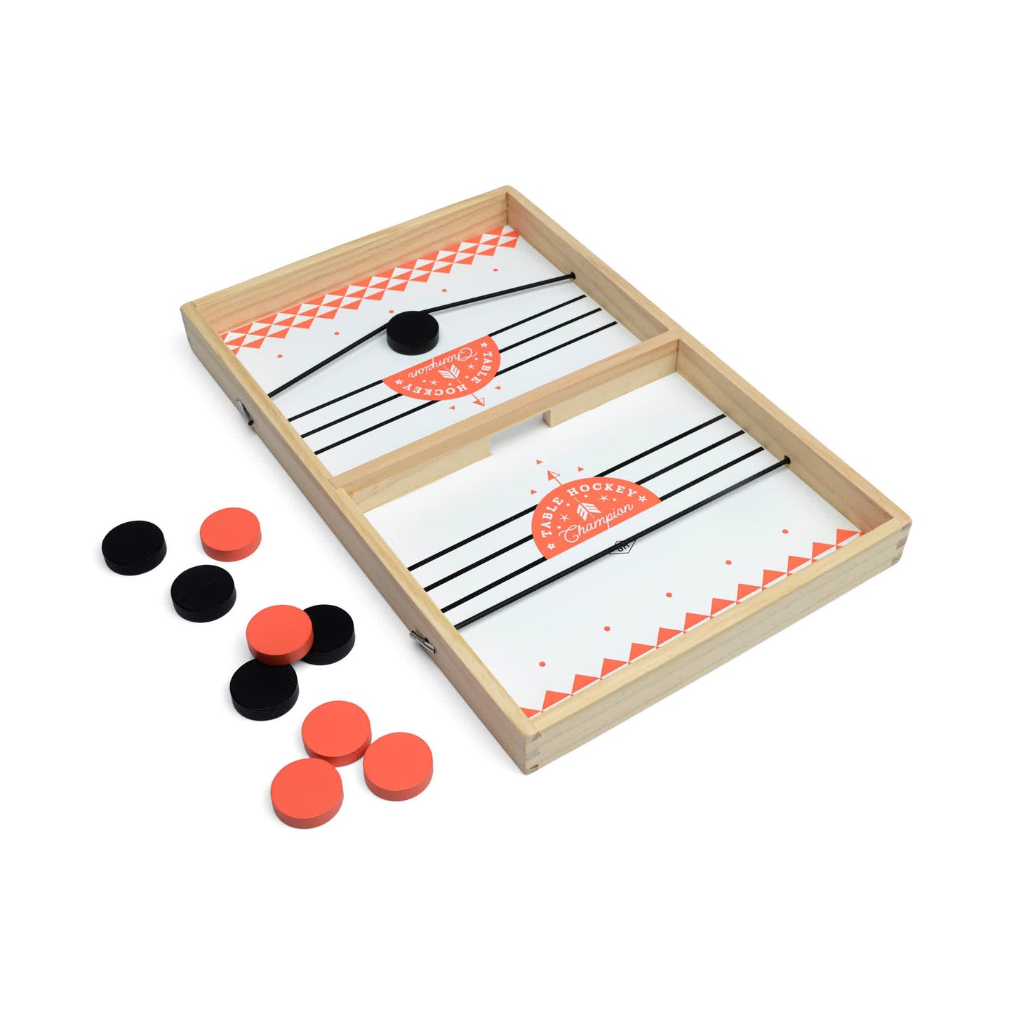 Table Hockey is a wooden tabletop game with a divider, elastic launcher bands, and black and orange discs on and beside the board.