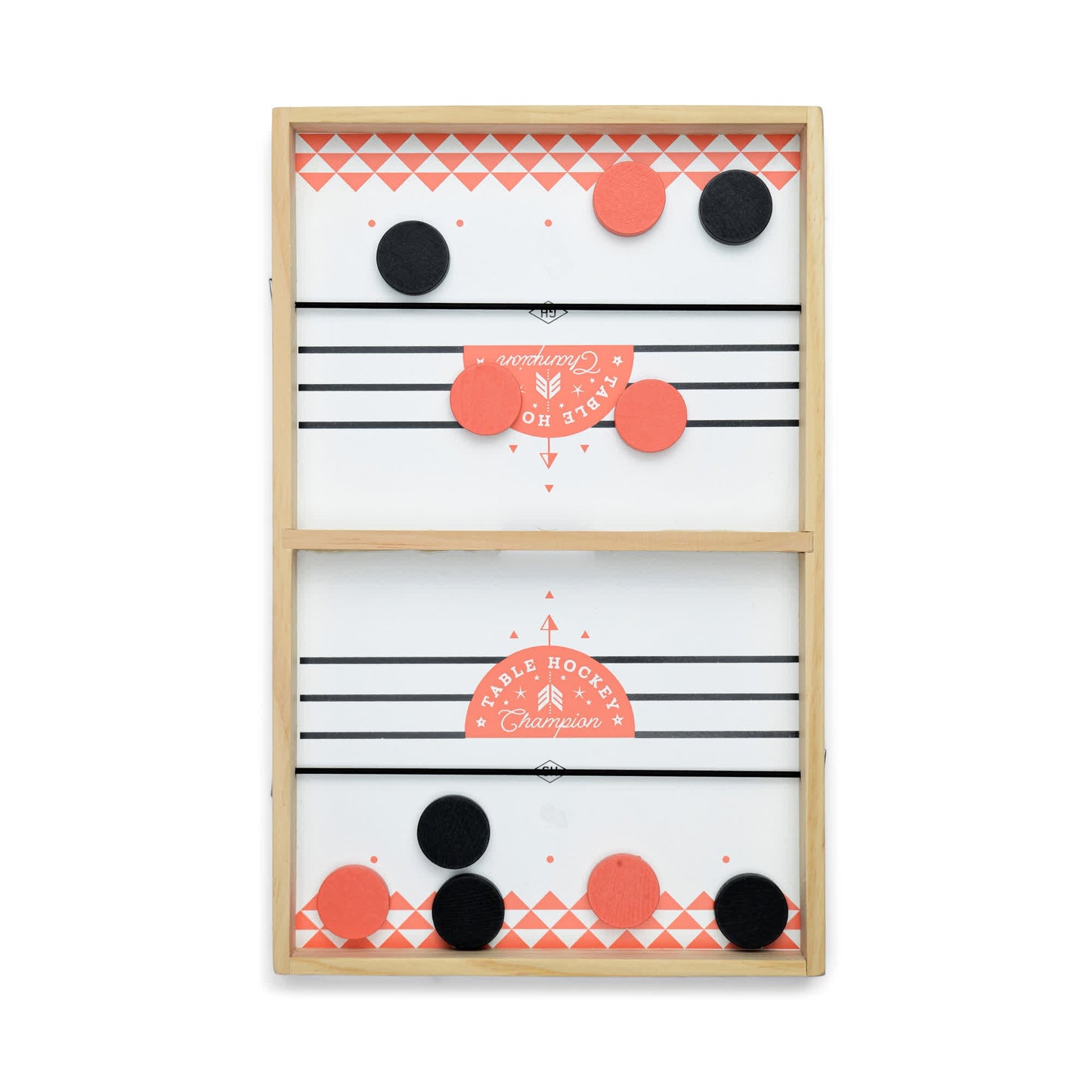 Table Hockey is a tabletop fast sling puck game with a wooden board, elastic launcher, and red and black pucks on a white surface featuring geometric patterns.