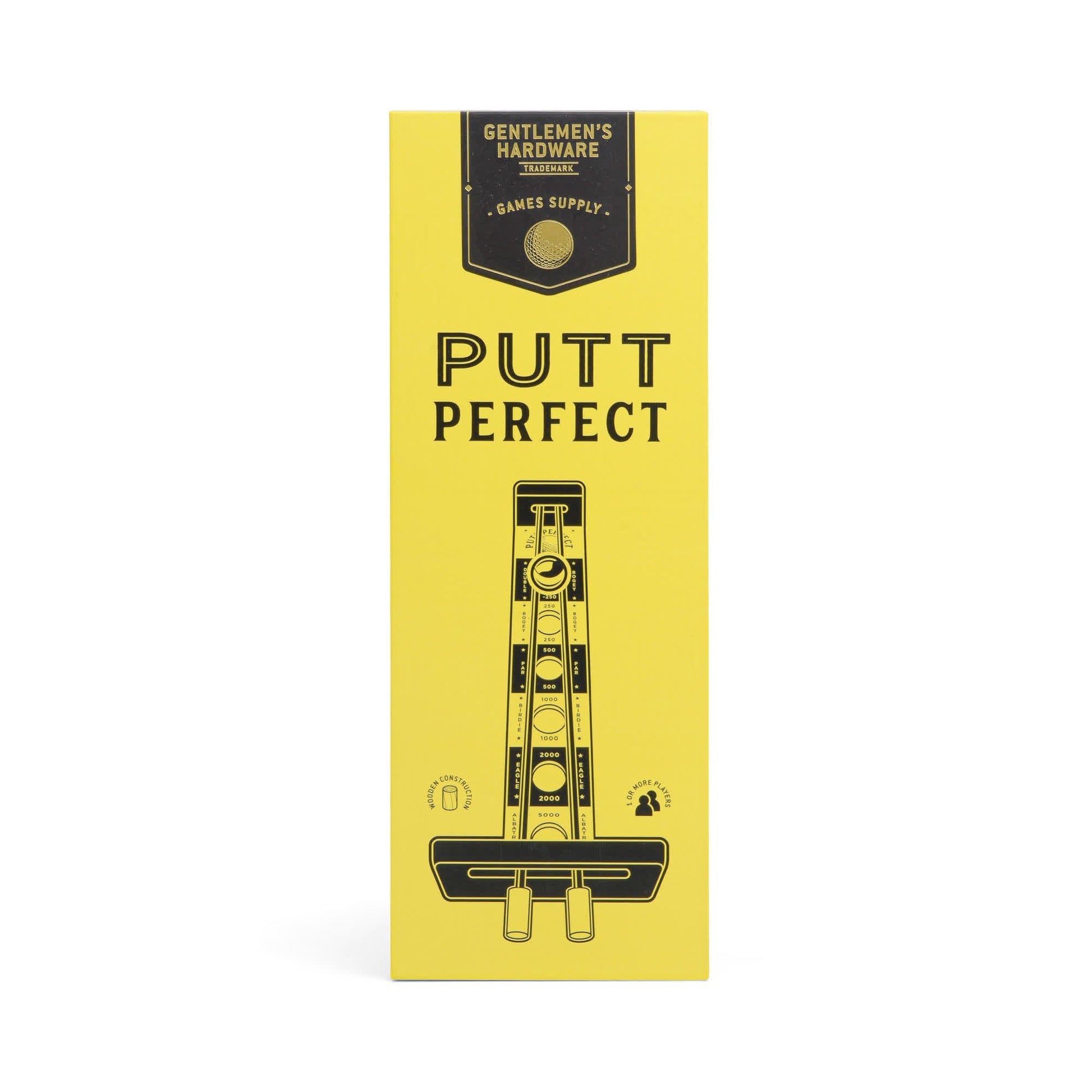 The yellow rectangular Putt Perfect box from Gentlemens Hardware features a tabletop golf game illustration and lets you practice golf like a pro anywhere.