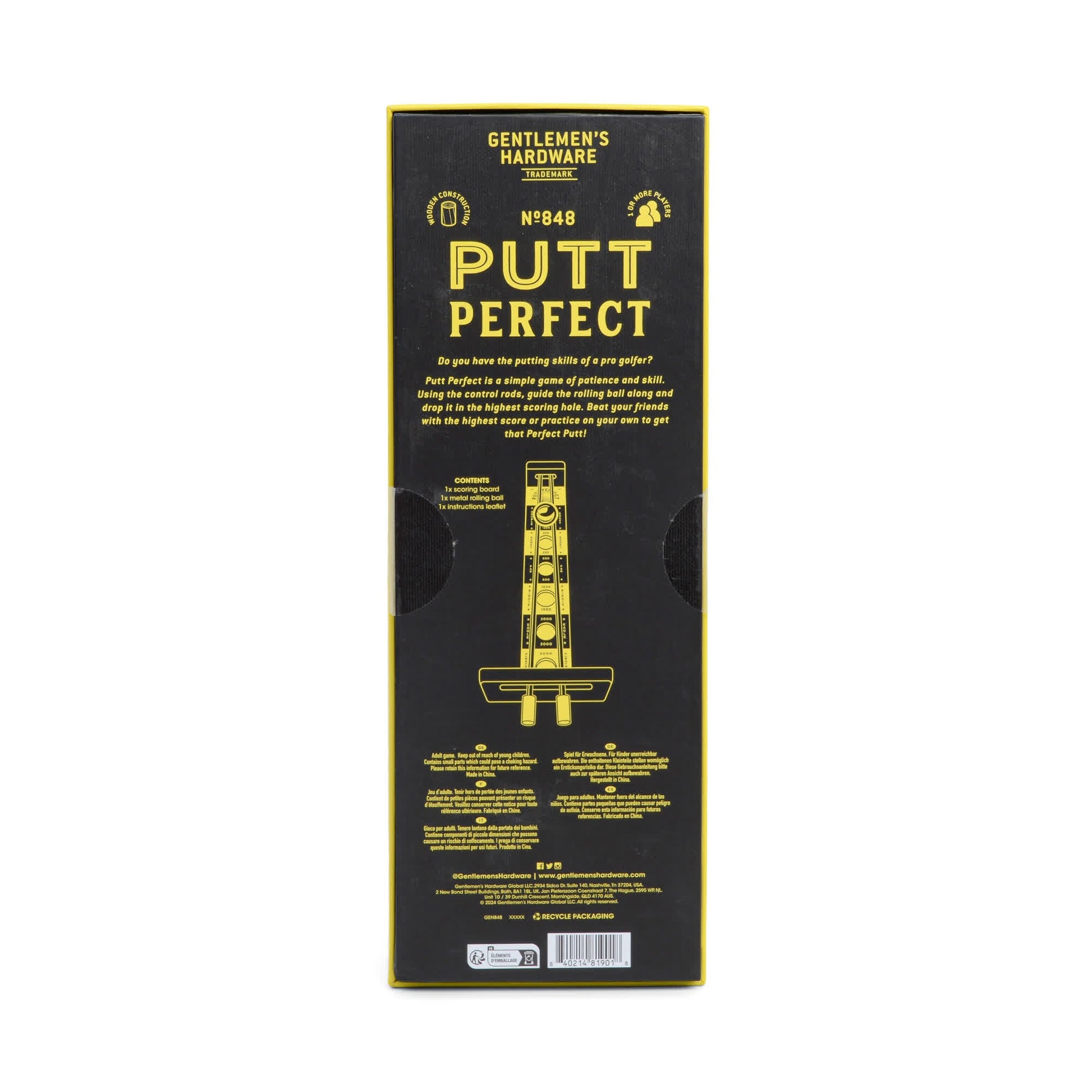 The back of the Putt Perfect mini game box from Gentlemens Hardware displays a product description, instructions, and illustrations—yellow text on black encourages you to channel your inner pro golfer for the perfect putt.