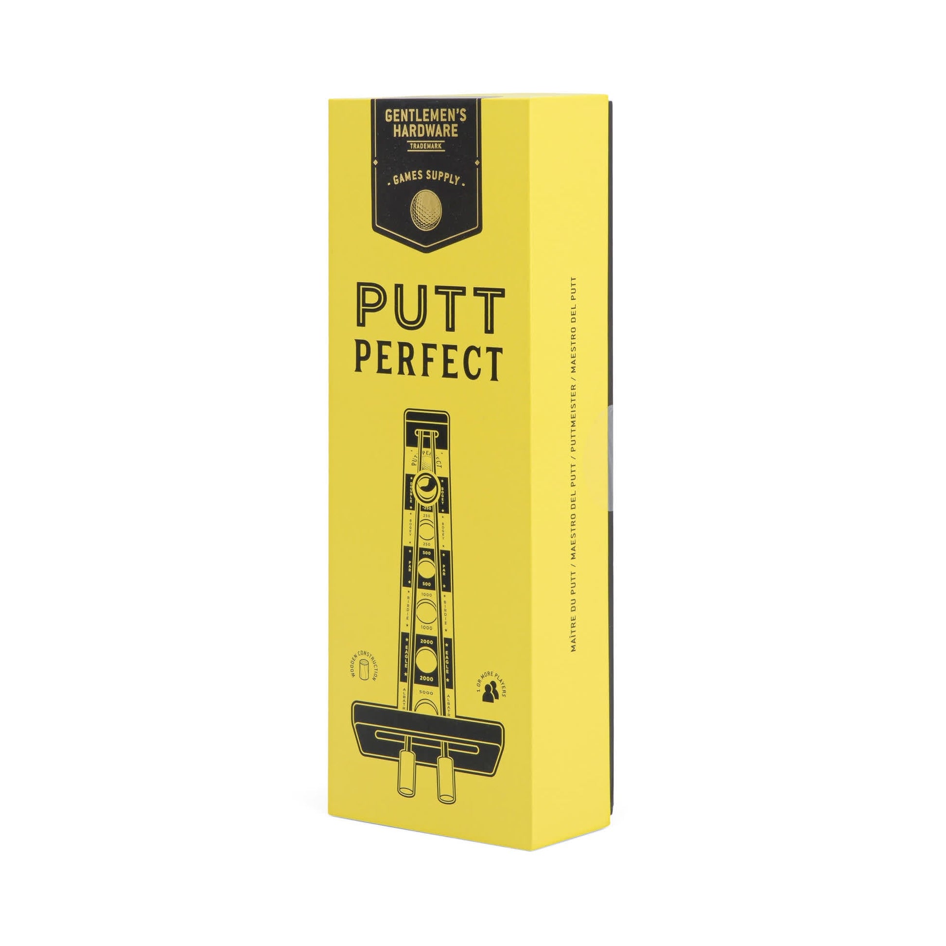 A yellow rectangular box labeled Putt Perfect with a simple mini golf illustration on the front—perfect for aspiring pro golfers aiming to master their putting skills.